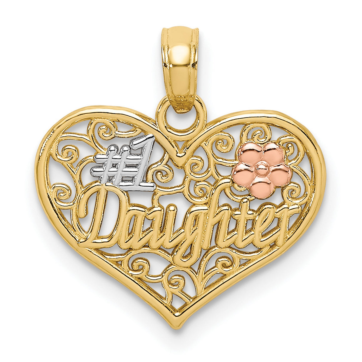 10k Two-Tone Gold Heart Pendant with Rose Gold Flower and Number 1 Daughter Message