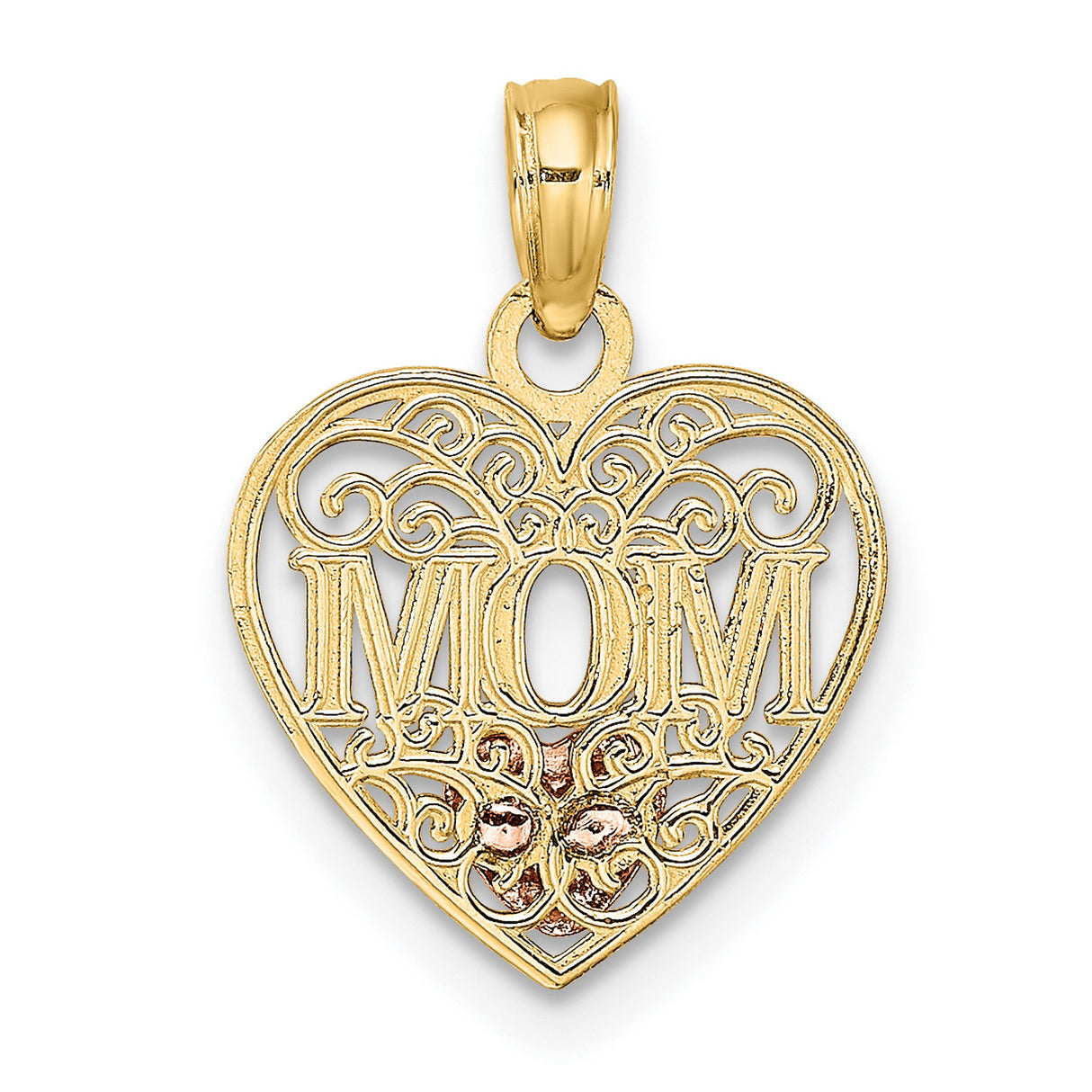 10k Two-Tone Gold Heart Pendant with White Gold MOM Accent and Rose Gold Scrollwork Design