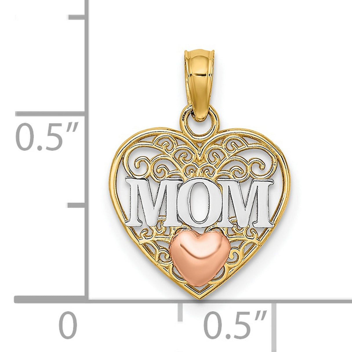 10k Two-Tone Gold Heart Pendant with White Gold MOM Accent and Rose Gold Scrollwork Design