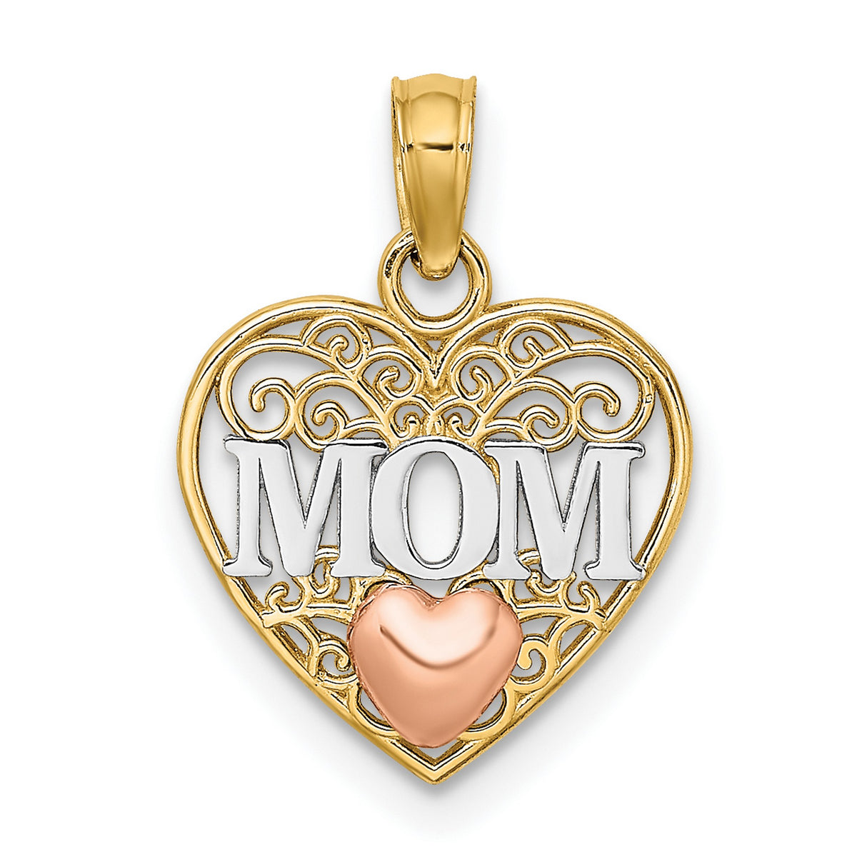 10k Two-Tone Gold Heart Pendant with White Gold MOM Accent and Rose Gold Scrollwork Design