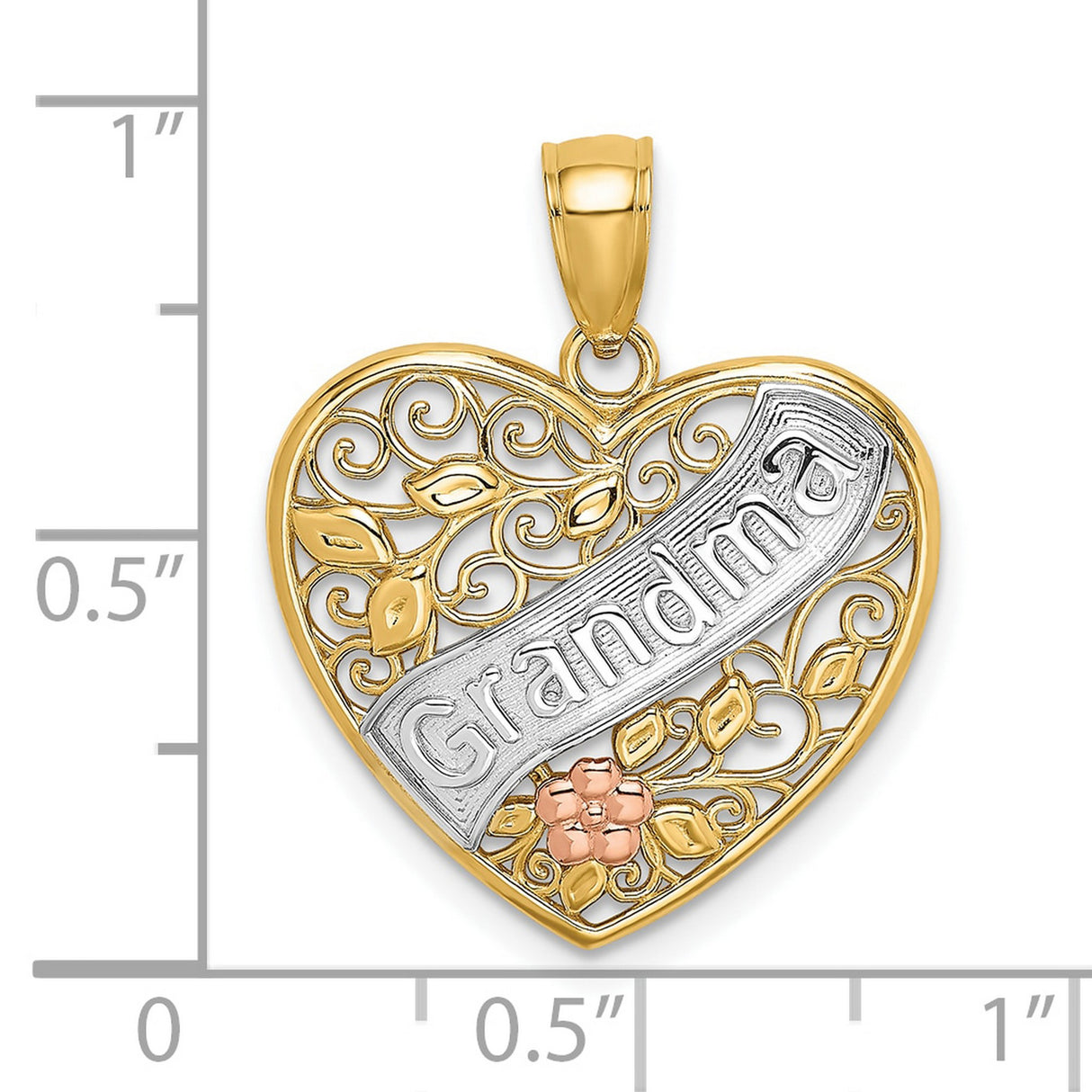 10k Two-Tone Gold Heart Pendant with Filigree Floral Design and Grandma Engraving