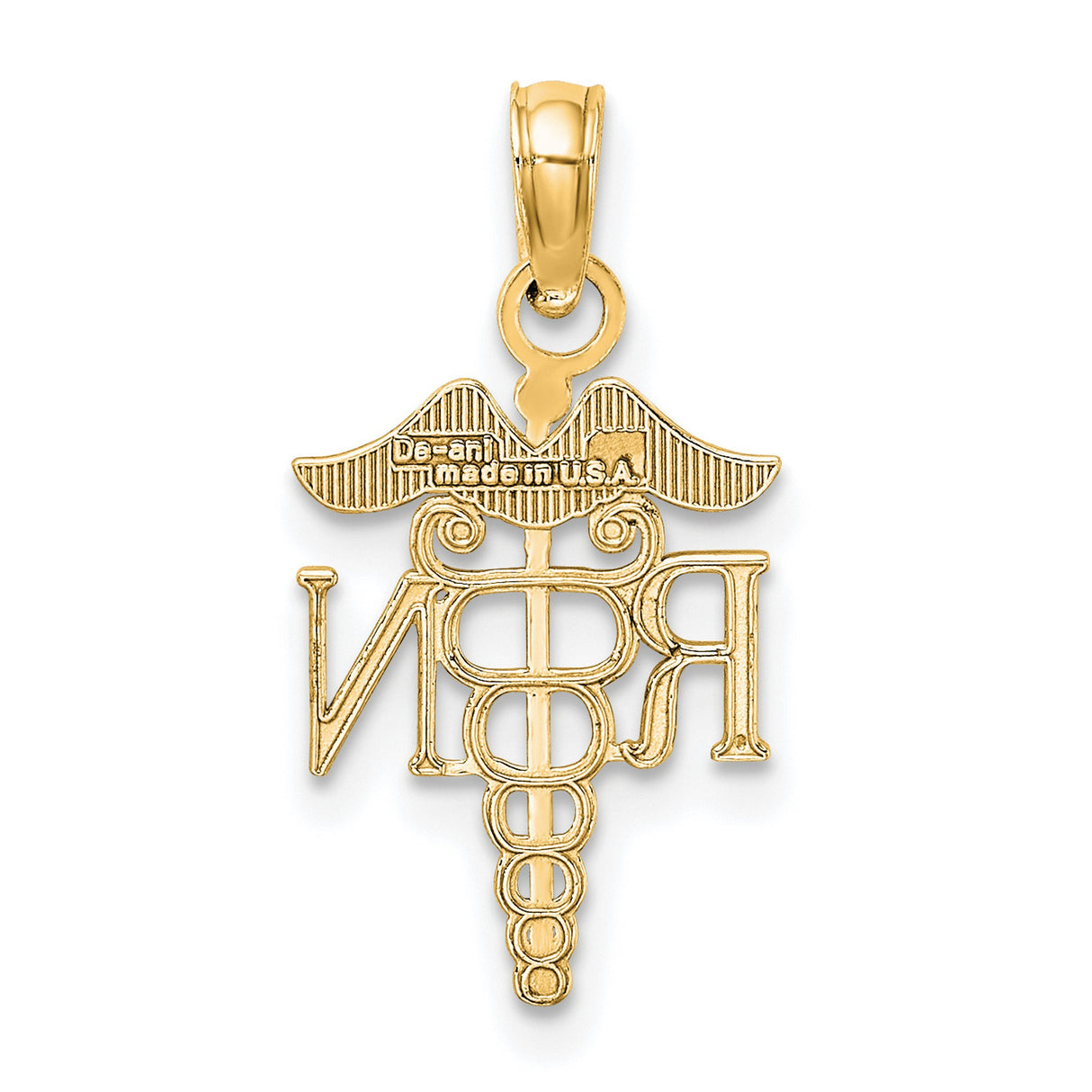 10k Yellow Gold RN Caduceus Pendant, Registered Nurse Symbol Charm for Women or Unisex Wear