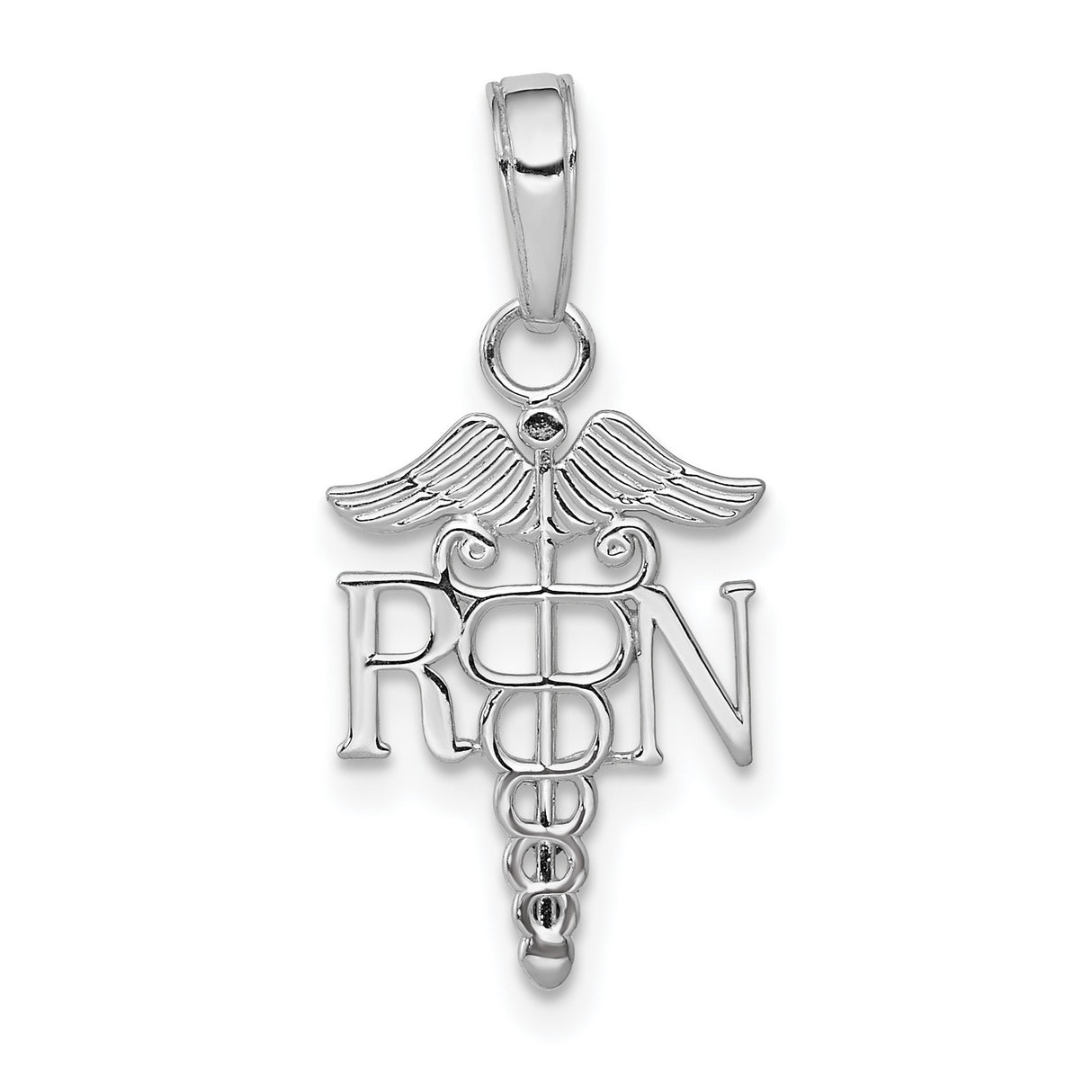 10k White Gold RN Caduceus Pendant, Medical Symbol Nursing Jewelry for Women or Unisex Wear
