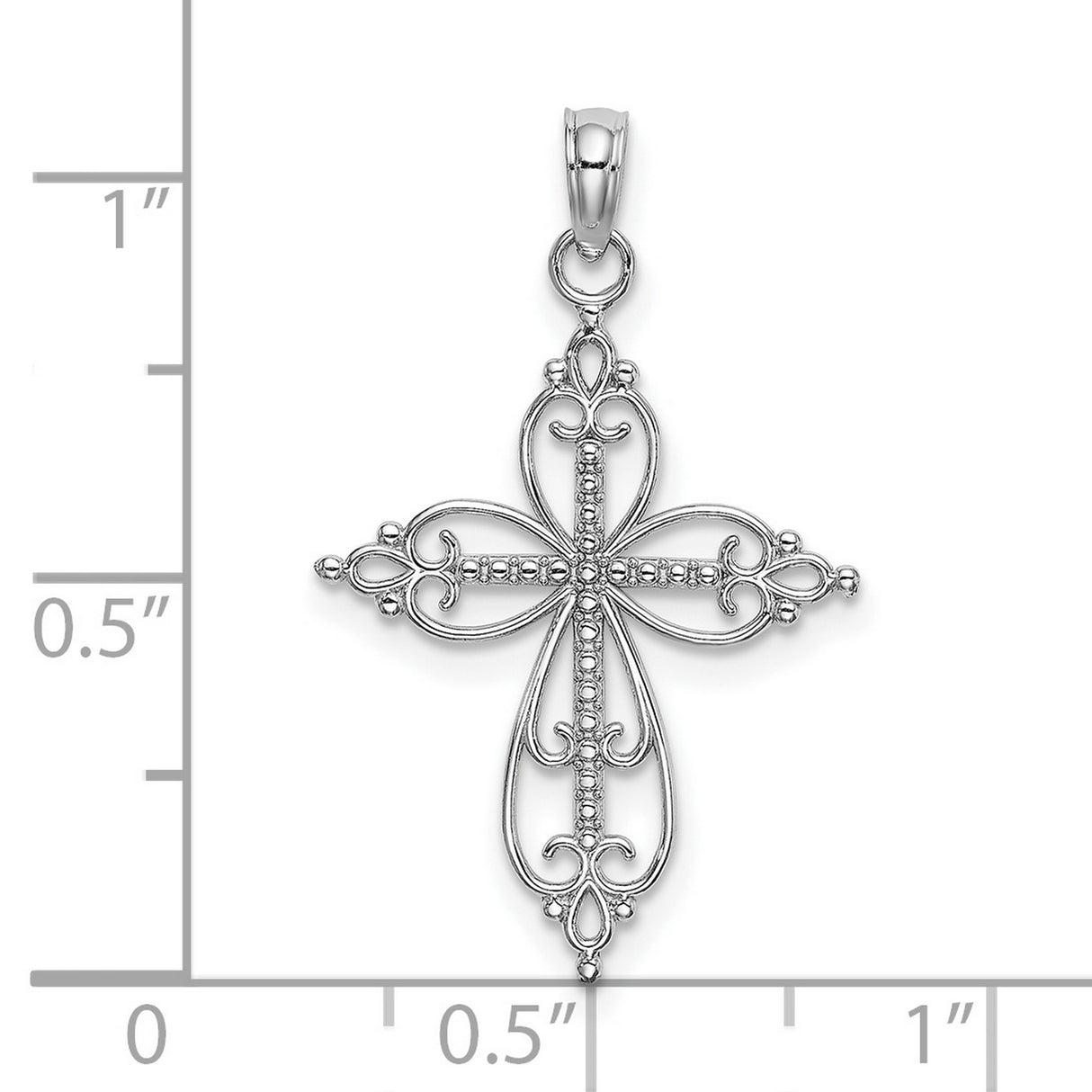 10k White Gold Cross Pendant with Filigree Heart Scroll and Fleur-de-Lis Design