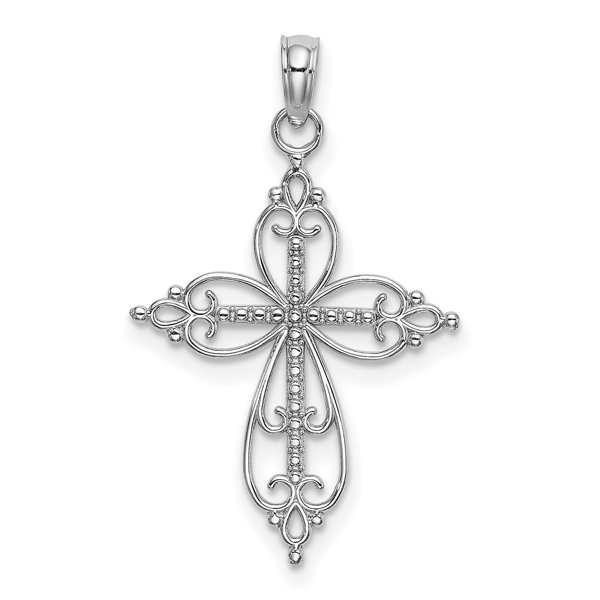 10k White Gold Cross Pendant with Filigree Heart Scroll and Fleur-de-Lis Design