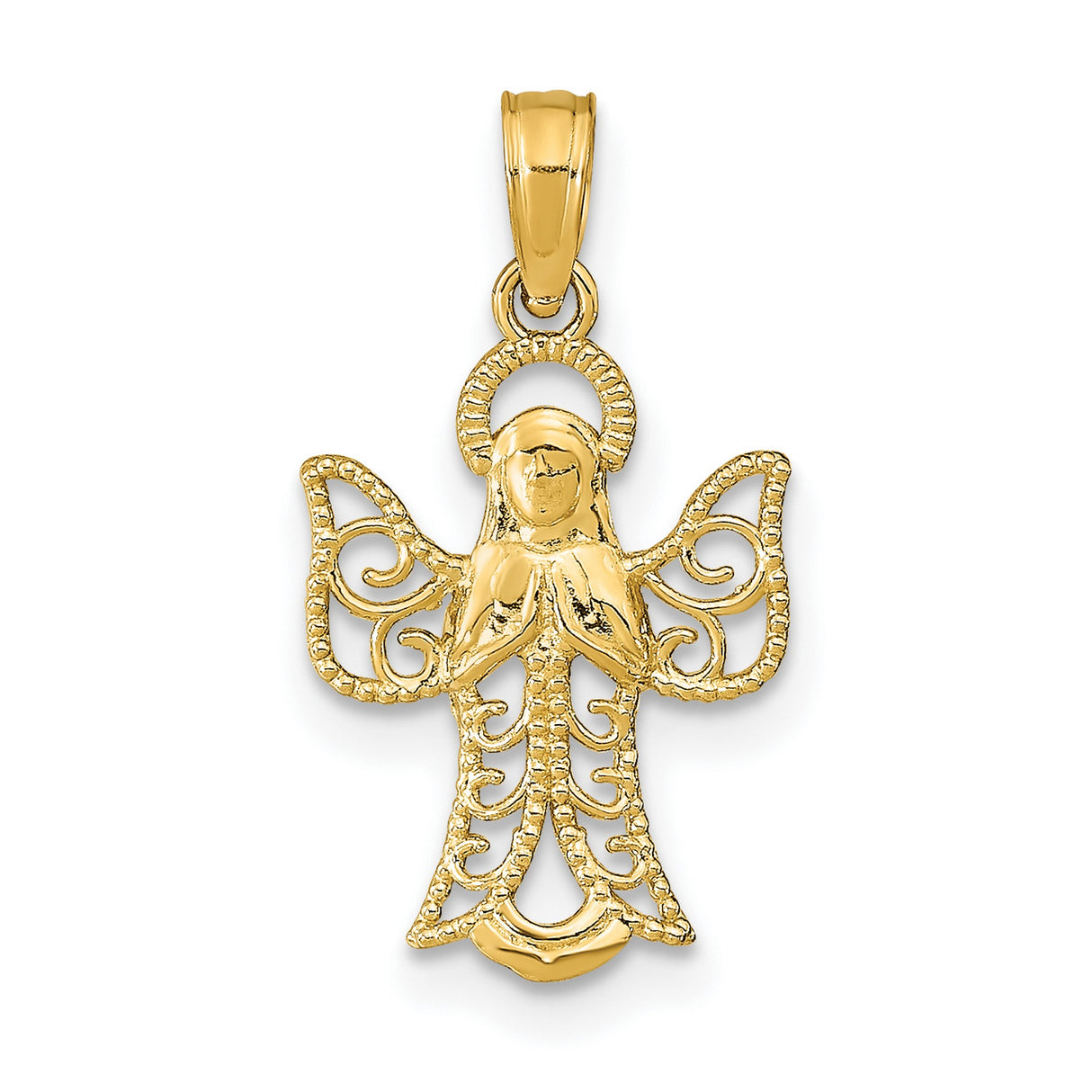 10k Yellow Gold Angel Pendant with Openwork Design and Praying Figure
