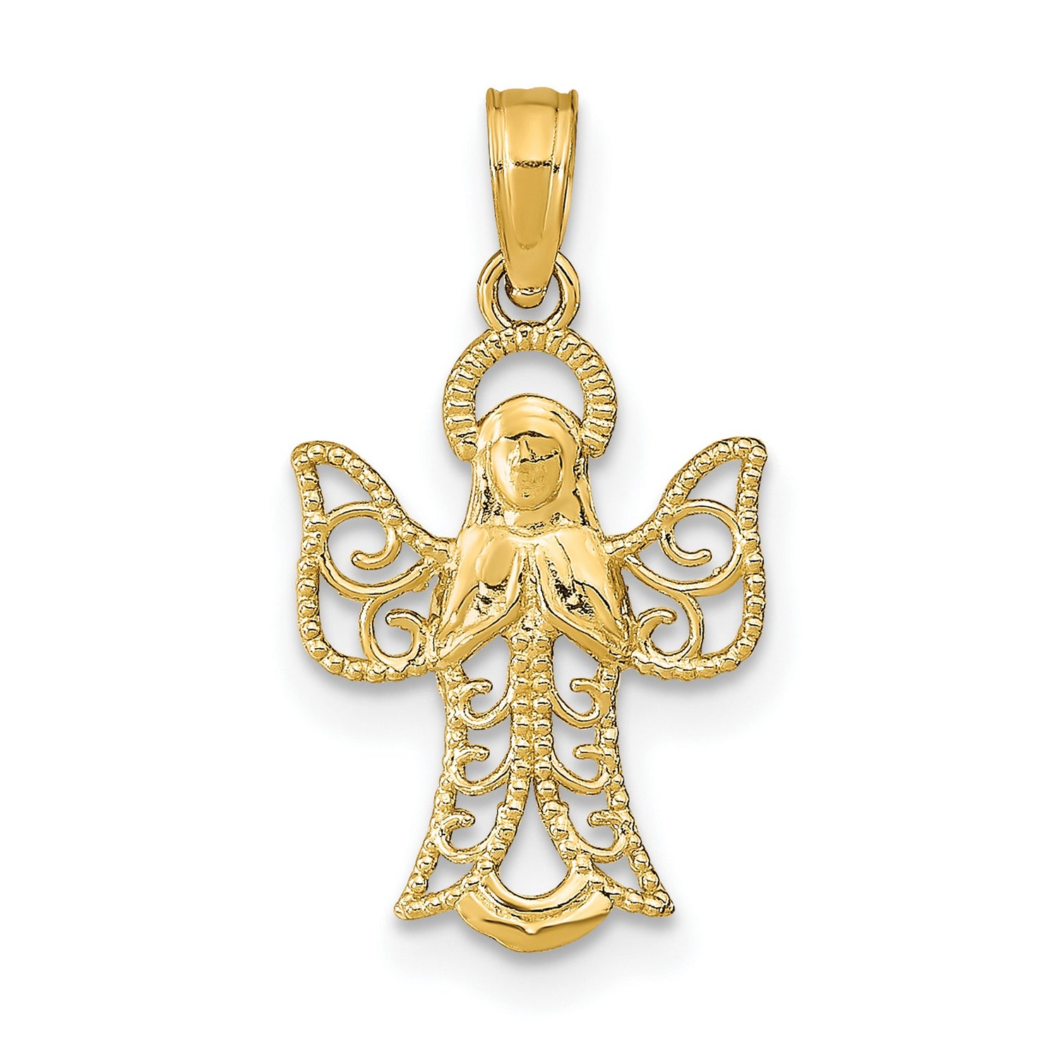 10k Yellow Gold Angel Pendant with Openwork Design and Praying Figure