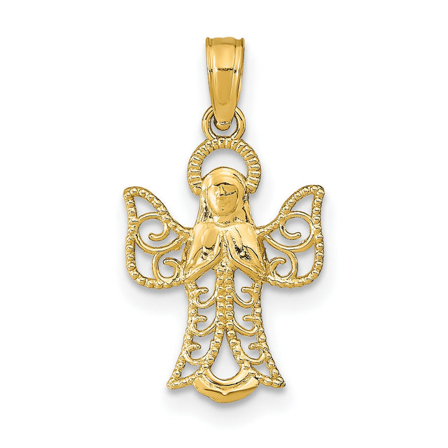 10k Yellow Gold Angel Pendant with Openwork Design and Praying Figure