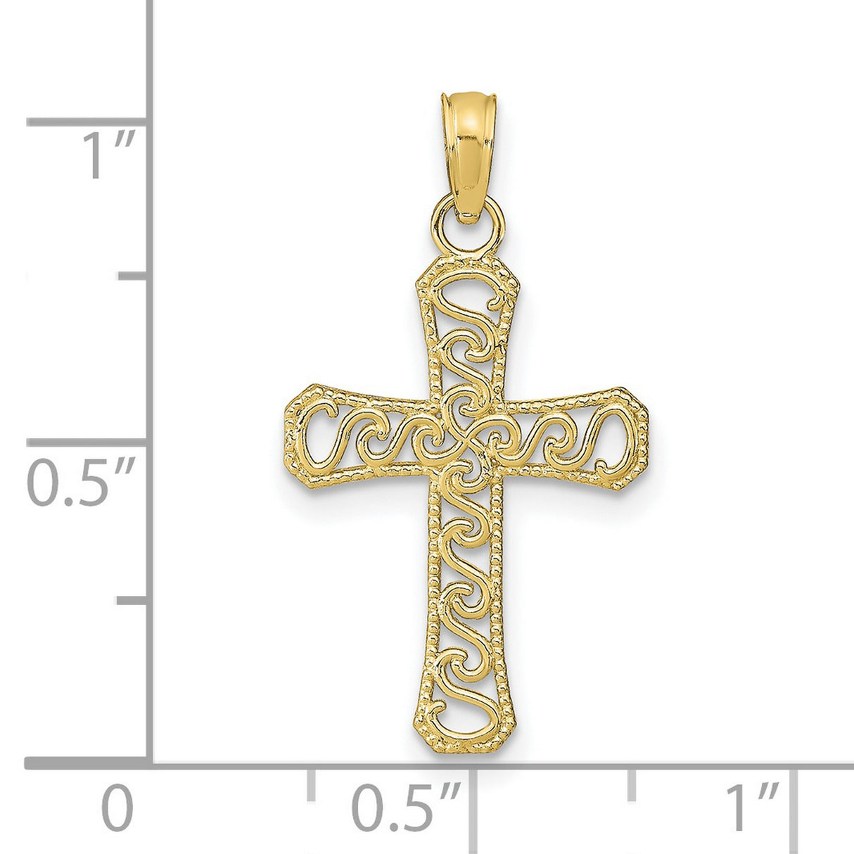 10k Yellow Gold Cross Pendant with Filigree Design, Beaded Border, Polished Finish, Vintage Style