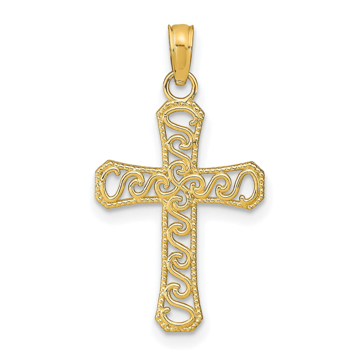 10k Yellow Gold Cross Pendant with Filigree Design, Beaded Border, Polished Finish, Vintage Style