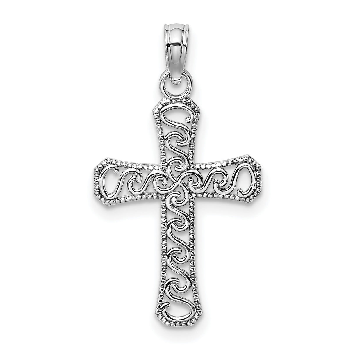 10k White Gold Cross Pendant with Filigree Swirl Design and Polished Finish