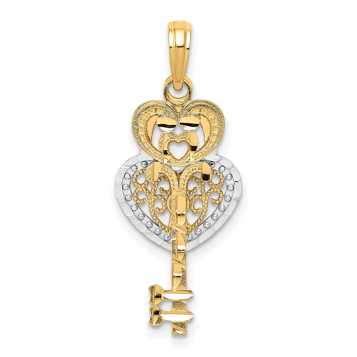 10k Multi-Tone Gold Pendant, Filigree Heart Key with Keyhole, Symbol of Love and Trust