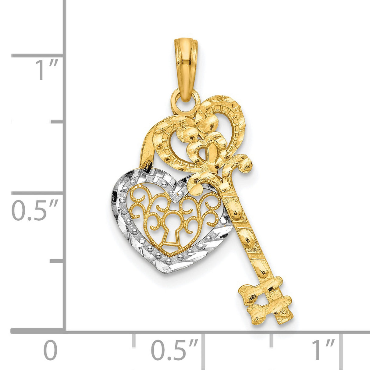 10k Multi-Tone Gold Pendant, Filigree Heart Key with Keyhole, Symbol of Love and Trust