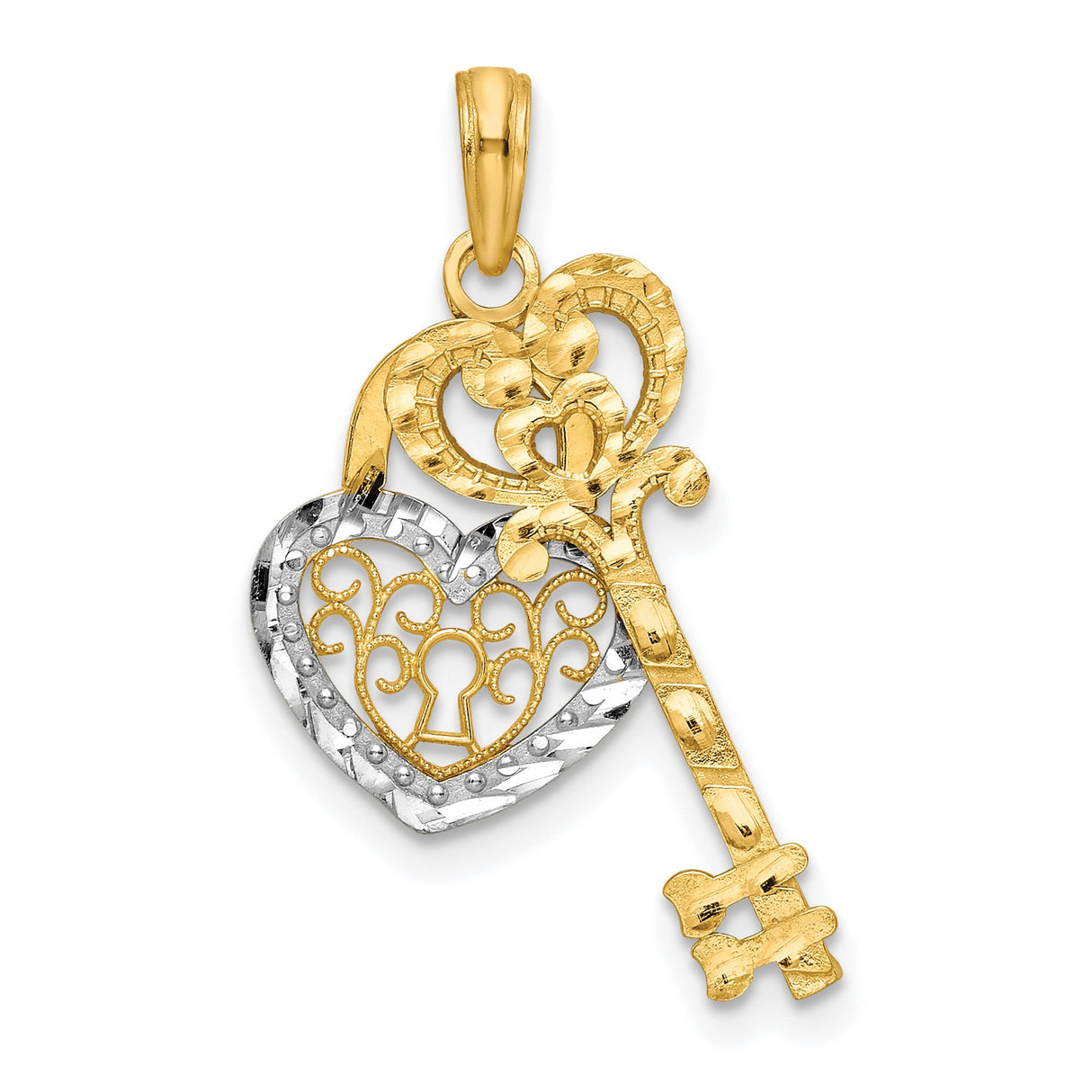 10k Multi-Tone Gold Pendant, Filigree Heart Key with Keyhole, Symbol of Love and Trust
