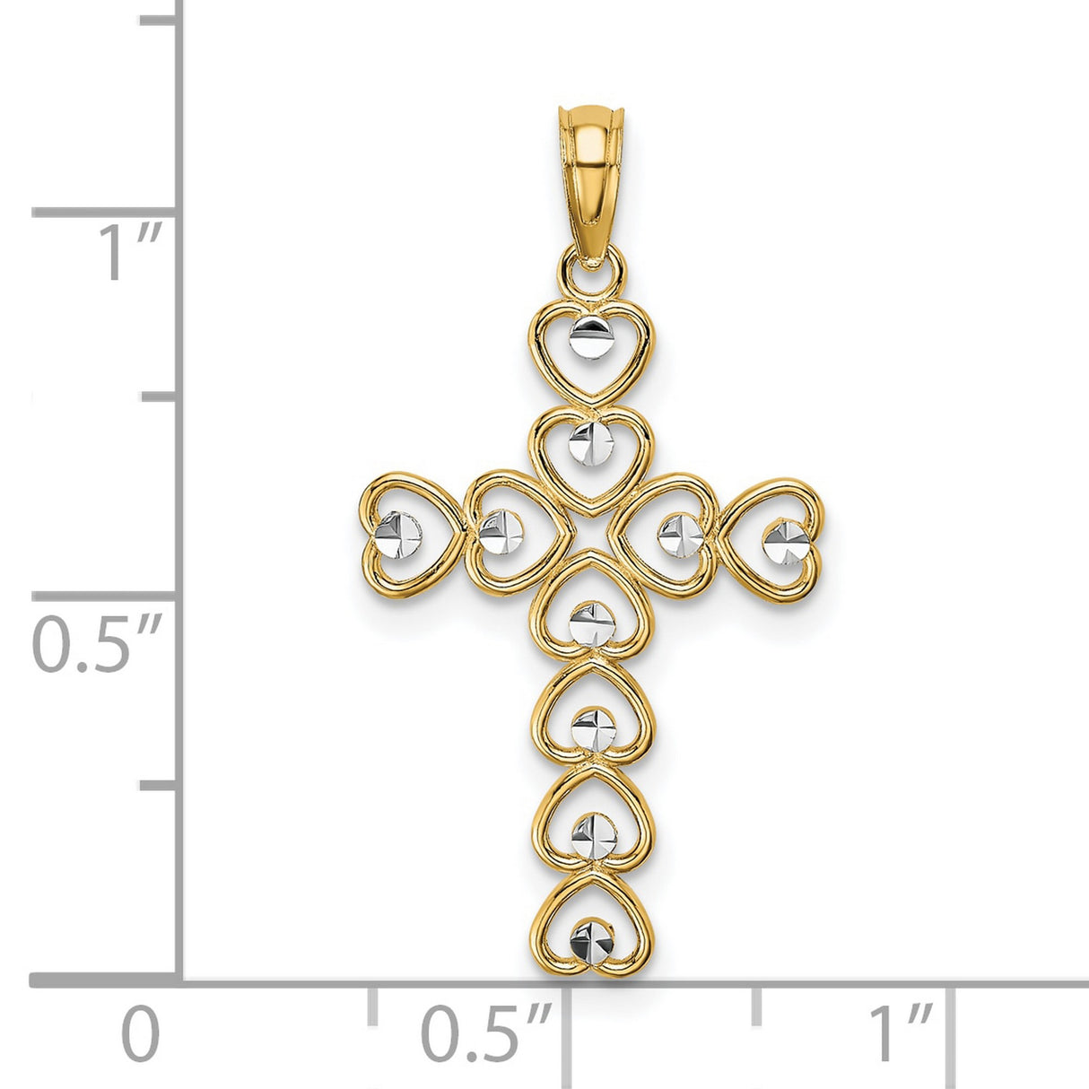 10k Multi-Tone Gold Cross Pendant with Diamond-Cut Hearts Design, Rhodium Accents