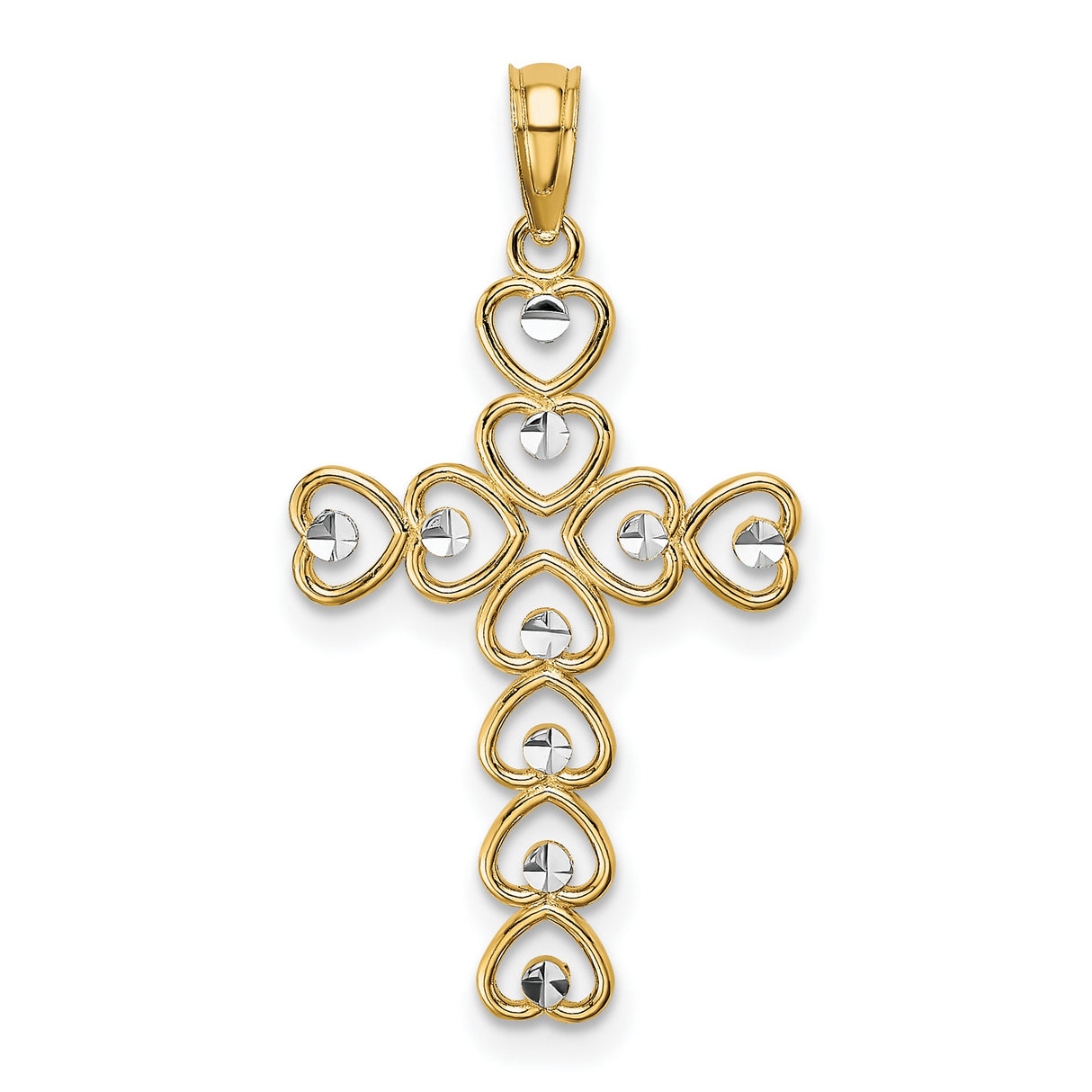 10k Multi-Tone Gold Cross Pendant with Diamond-Cut Hearts Design, Rhodium Accents