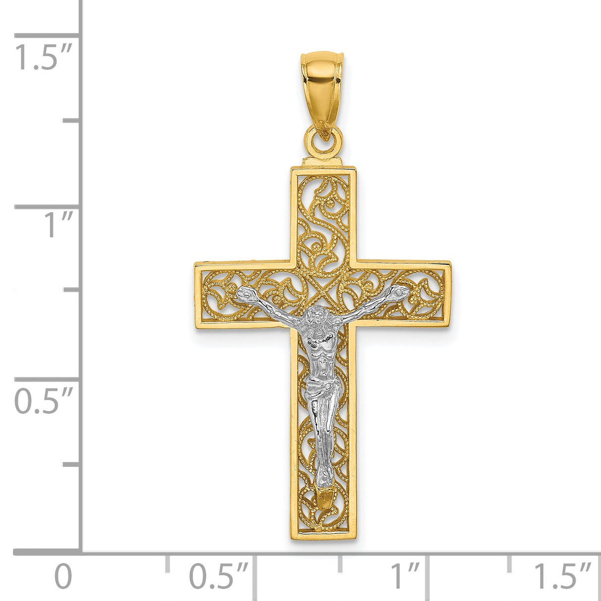 10k Two-Tone Gold Crucifix Cross Pendant with Sculpted Christ and Filigree Details