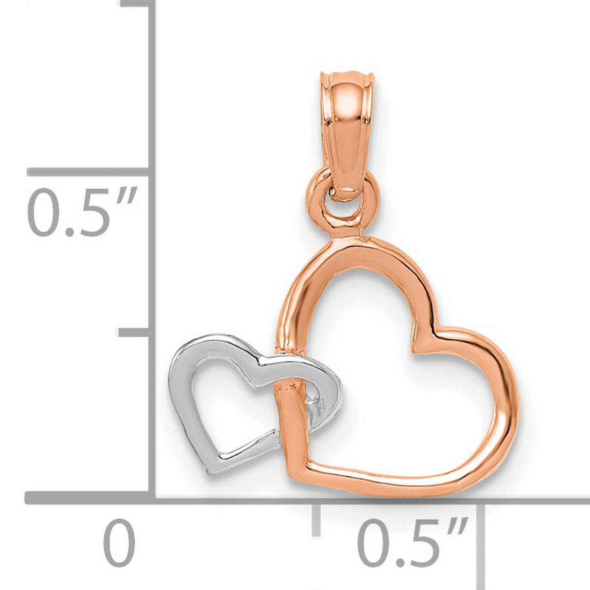 10k Two-Tone Gold Heart Pendant, Interlocking Rose and White Gold Open Hearts Charm