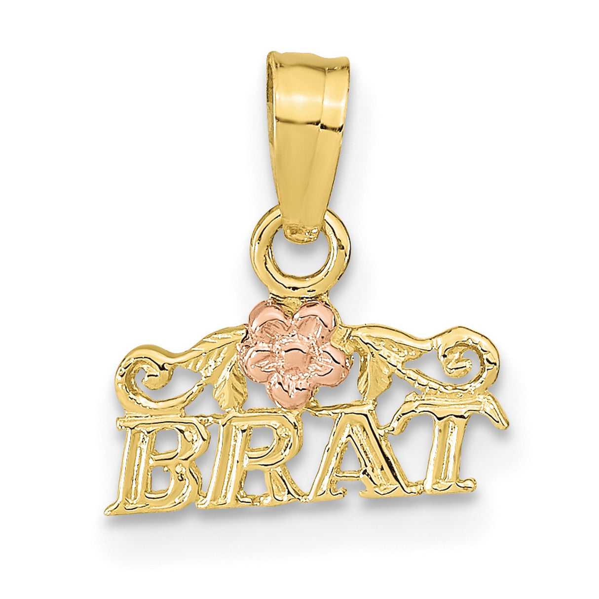 10k Two-Tone Gold Brat Pendant with Rose Accent and Scrollwork Design
