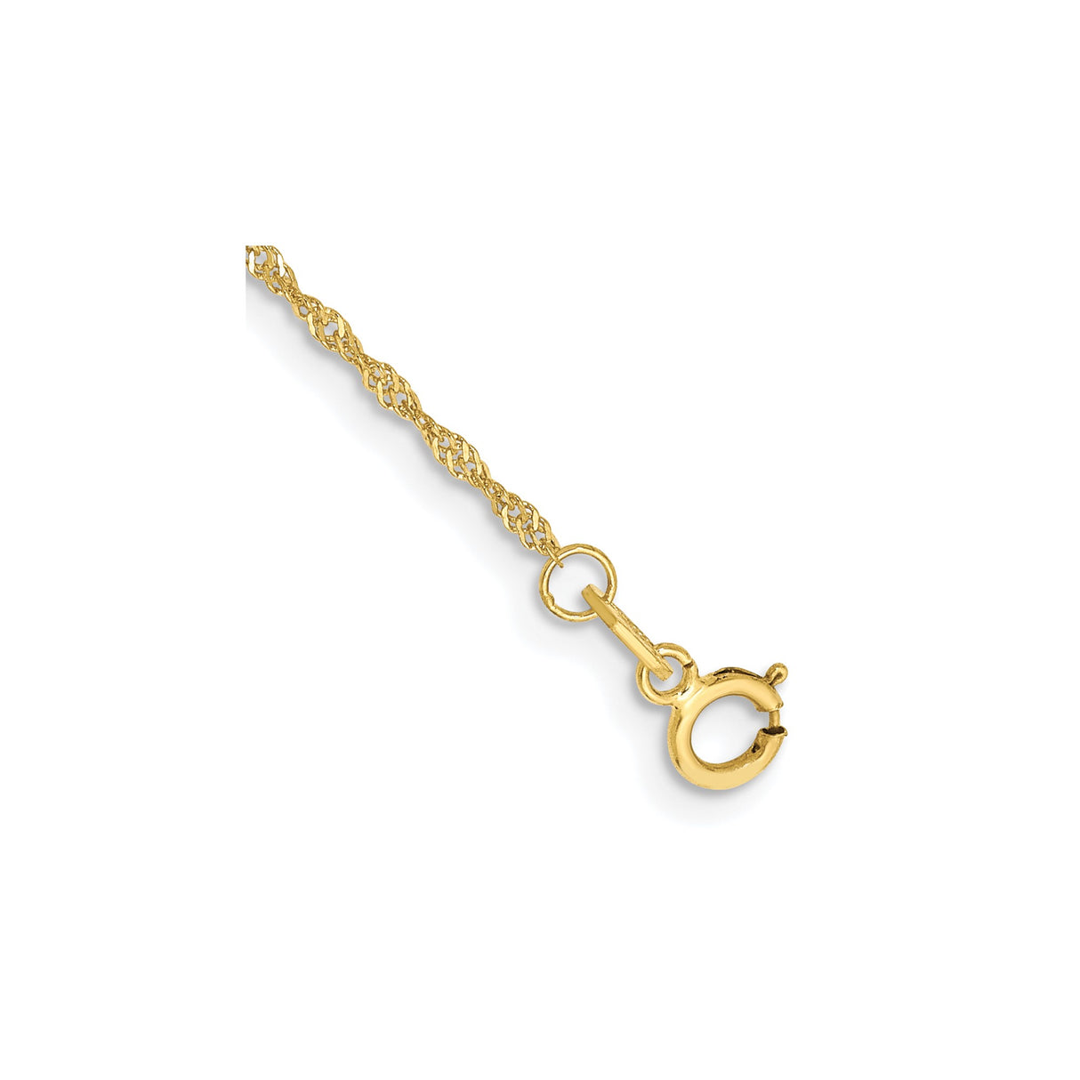 10K Yellow Gold 1.1 mm Singapore Chain Anklet, Polished detail view