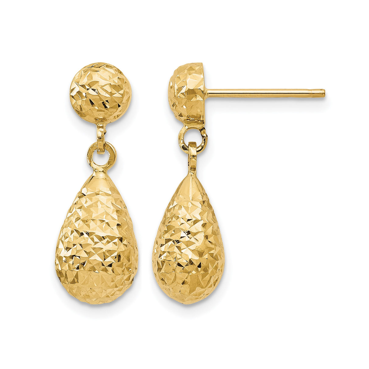 10k Yellow Gold Teardrop Dangle Earrings with Diamond Cut Texture and Hammered Finish