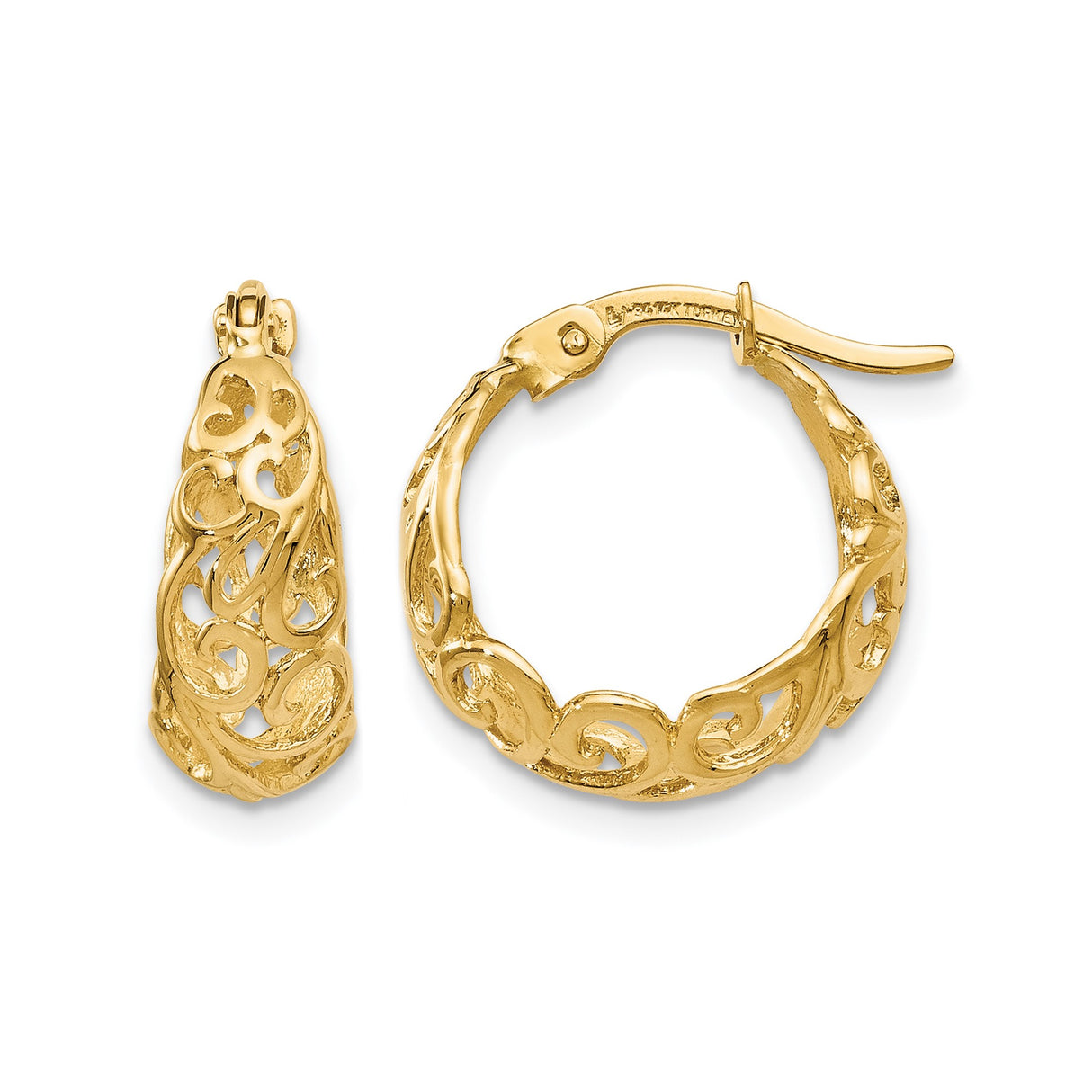 10k Yellow Gold Hoop Earrings with Openwork Filigree Swirl Design, Lightweight Vintage Style