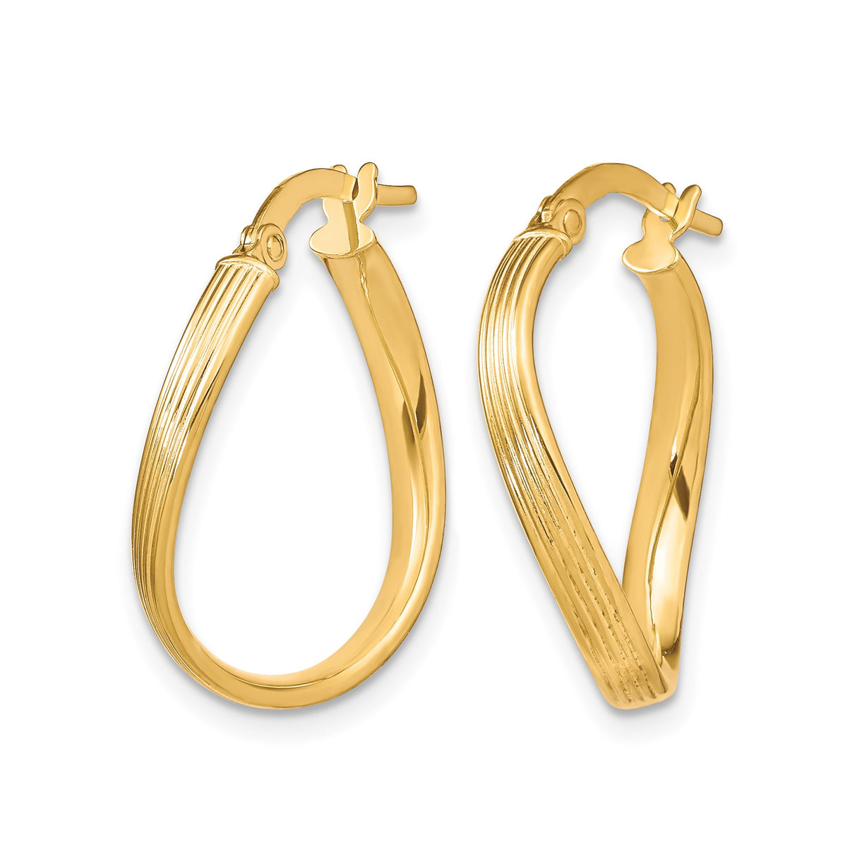 10k Yellow Gold Twisted Oval Hoop Earrings with High Polish and Ribbed Detailing