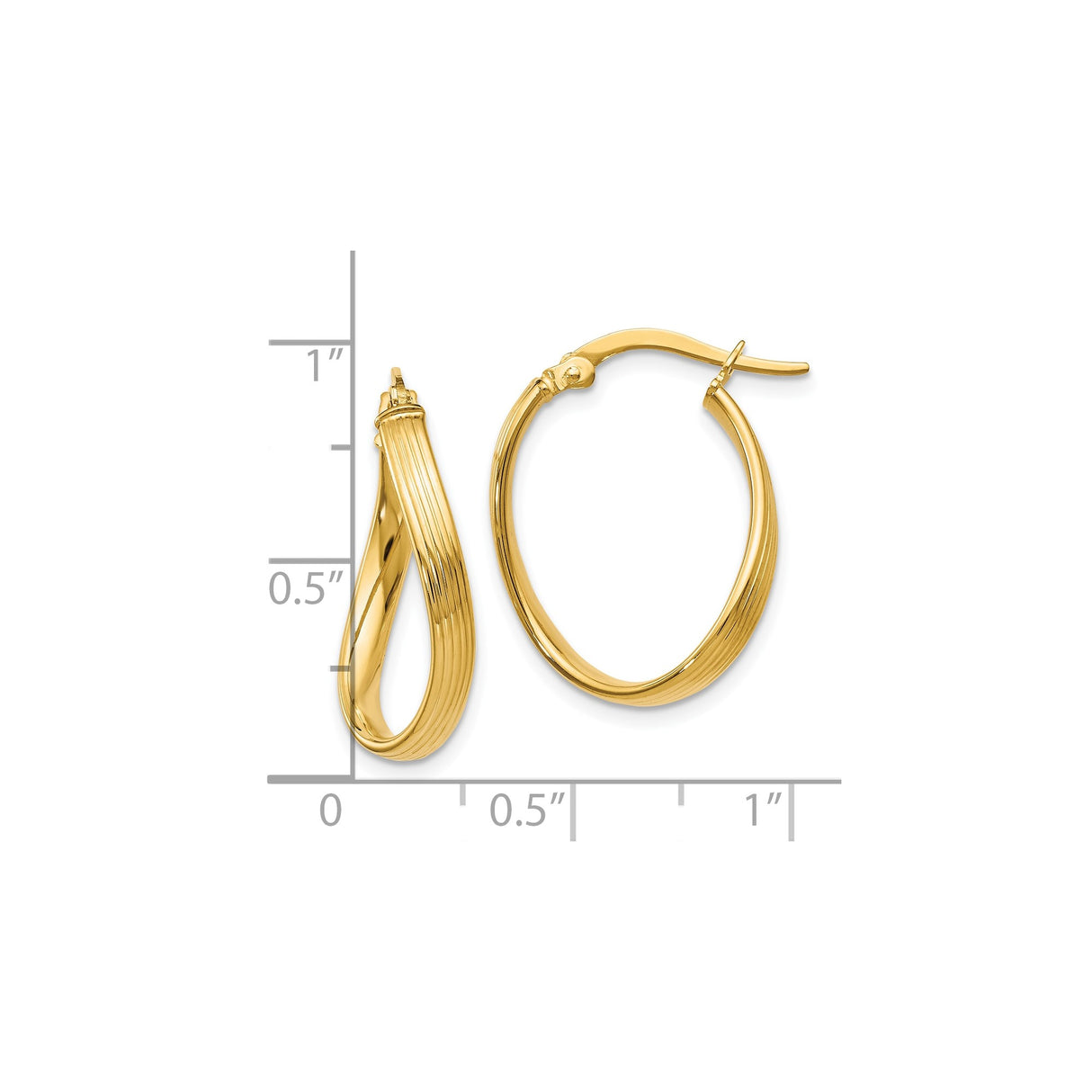 10k Yellow Gold Twisted Oval Hoop Earrings with High Polish and Ribbed Detailing