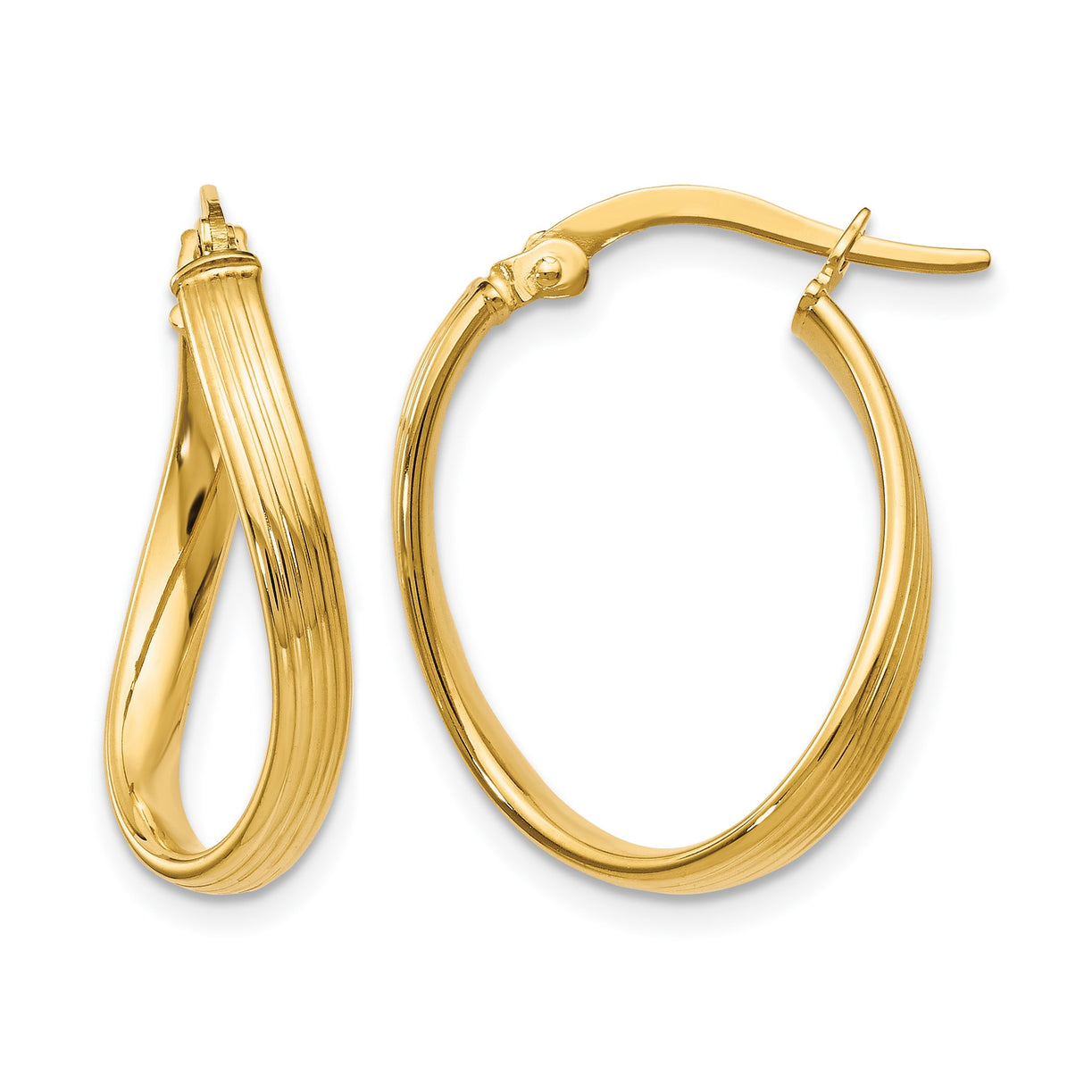 10k Yellow Gold Twisted Oval Hoop Earrings with High Polish and Ribbed Detailing