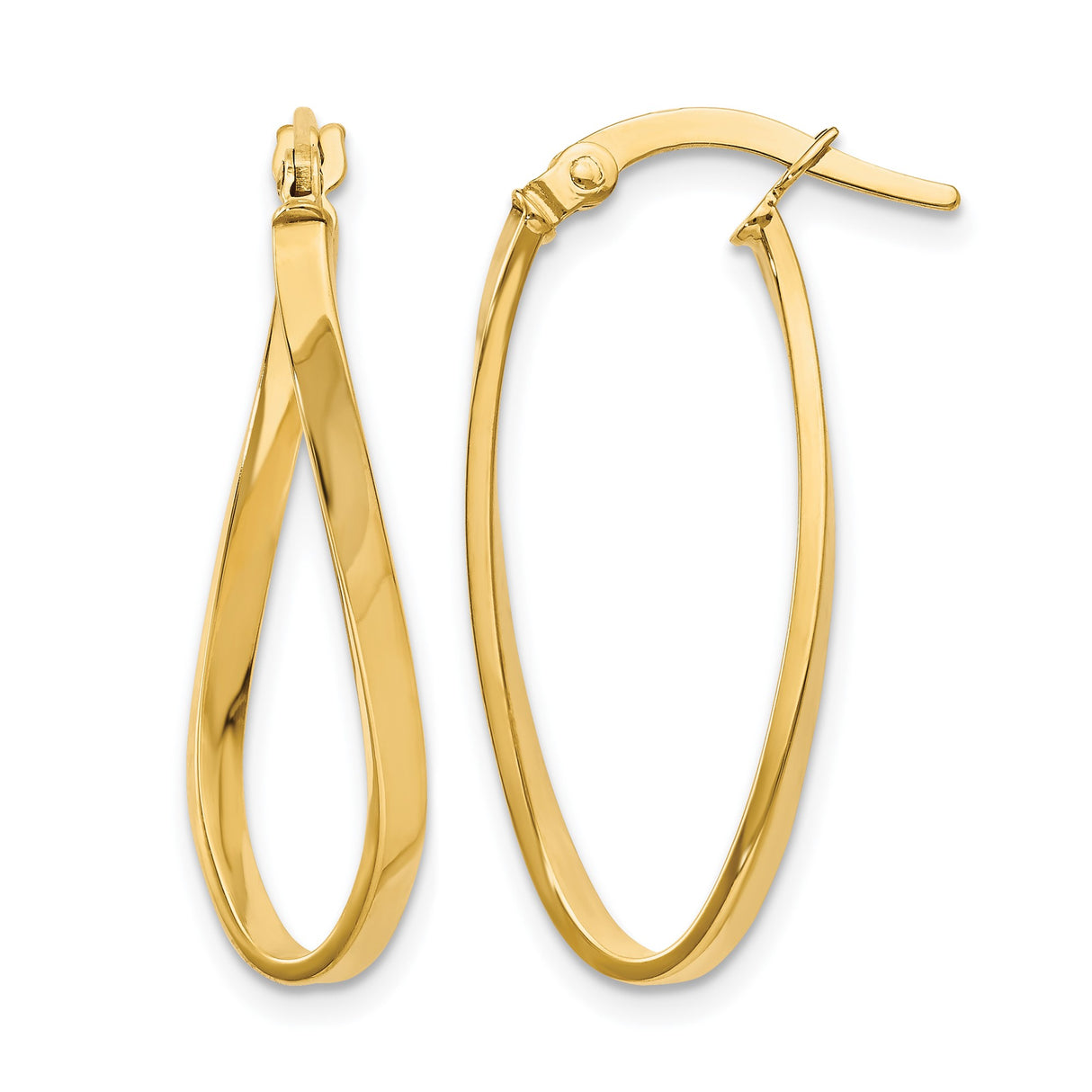 10k Yellow Gold Twisted Oval Hoop Earrings, Polished Teardrop Twist Design for Women