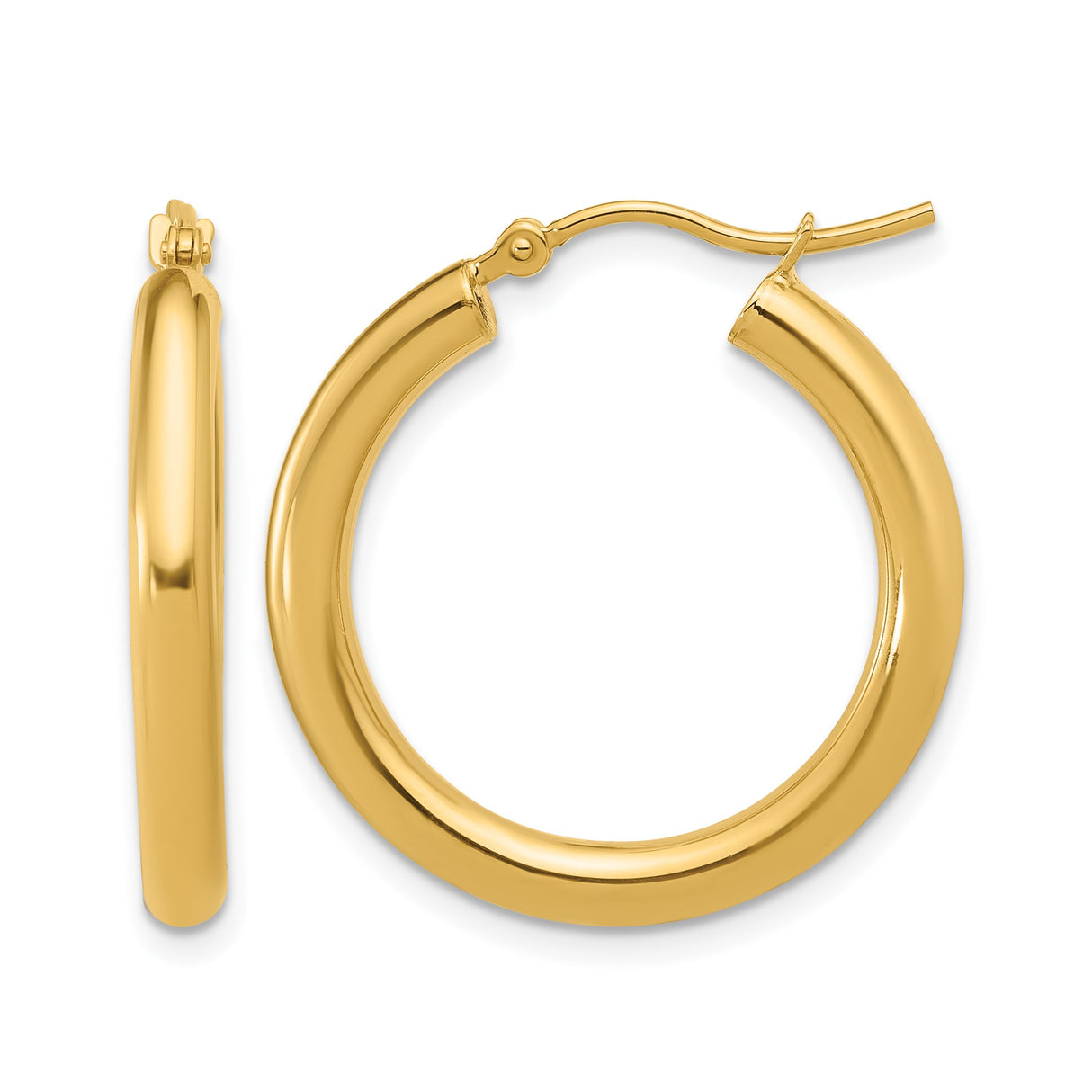 10k Yellow Gold Hoop Earrings, Classic Polished Round Style with Hinged Closure for Women