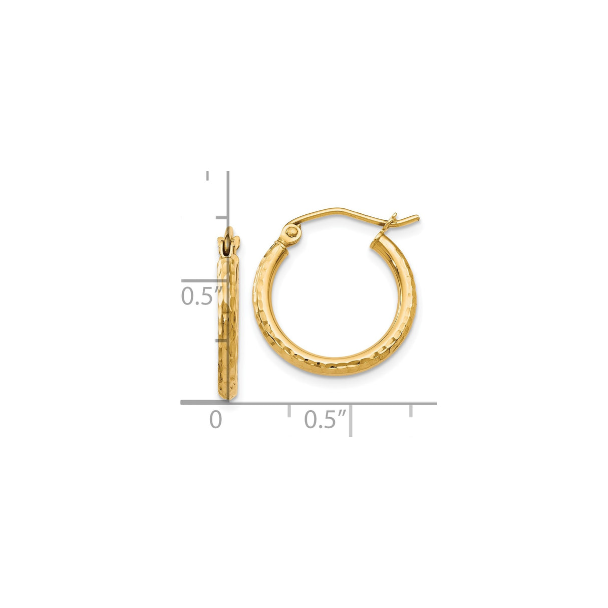 10k Yellow Gold Hoop Earrings, Classic Round Hammered Texture, Lightweight Modern Style