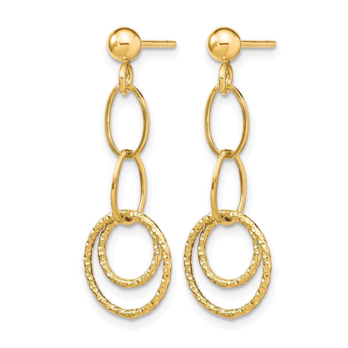 10k Yellow Gold Dangle Earrings with Textured Interlocking Circles and Polished Oval Links
