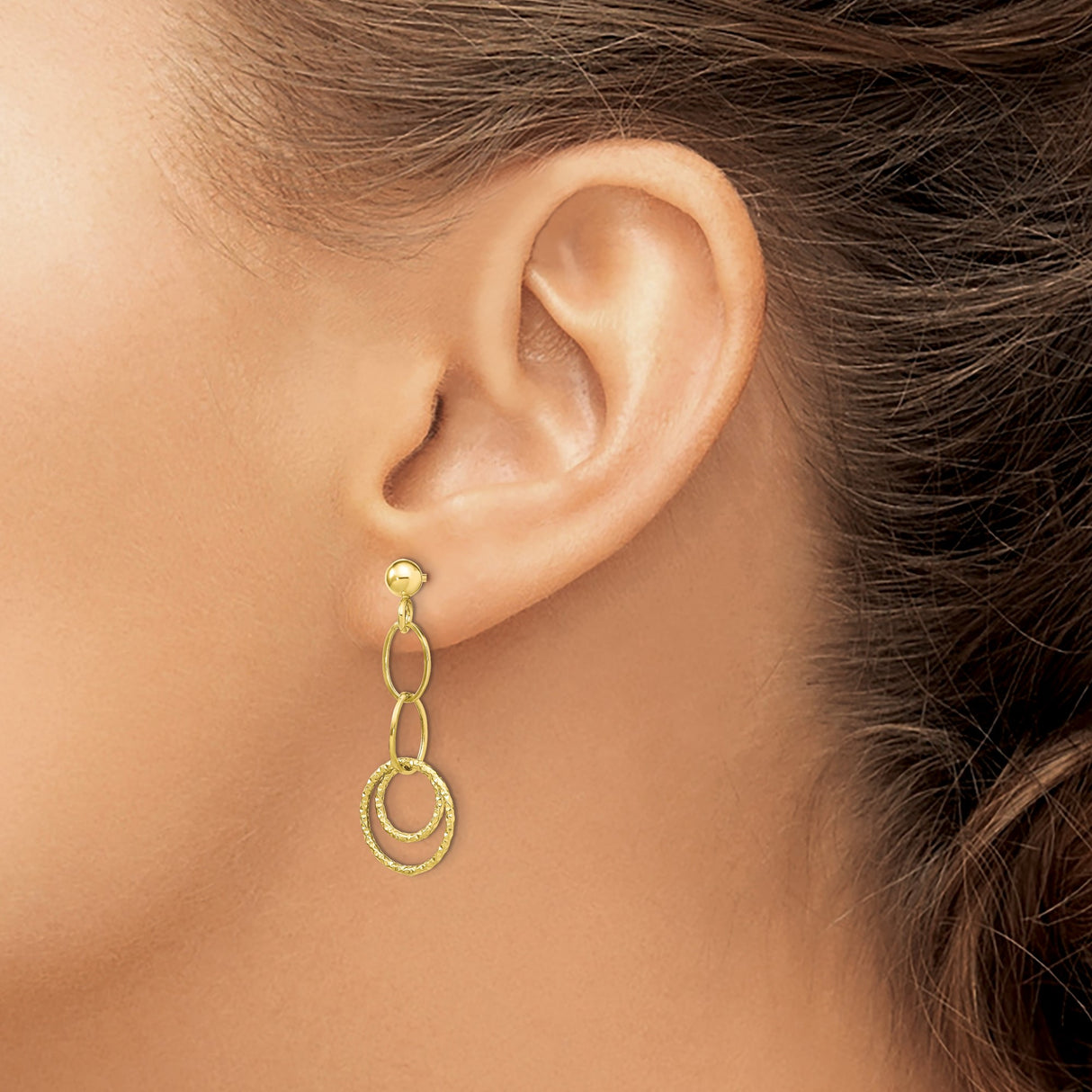 10k Yellow Gold Dangle Earrings with Textured Interlocking Circles and Polished Oval Links