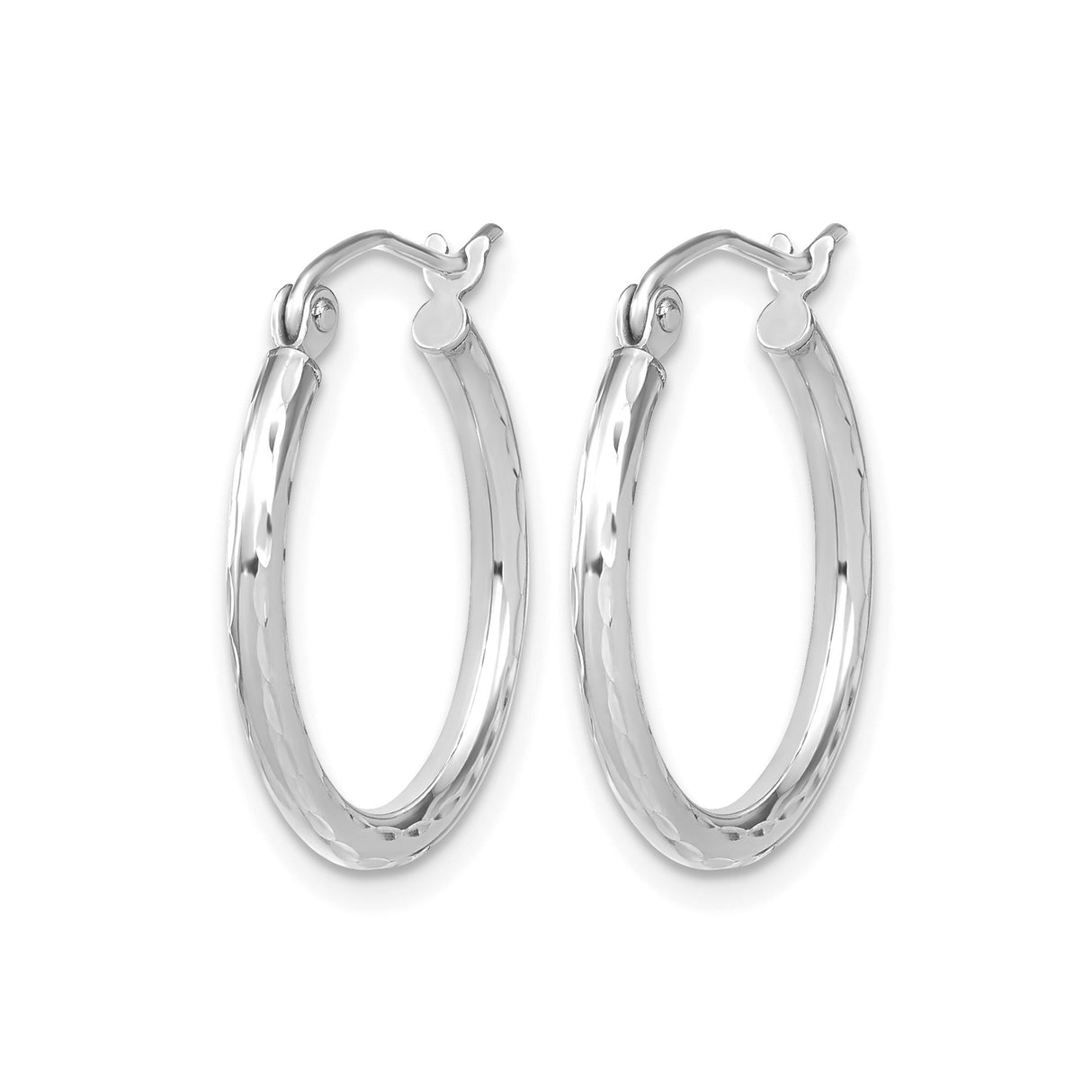 10k White Gold Hoop Earrings, Diamond Cut Texture, Lightweight Polished Finish