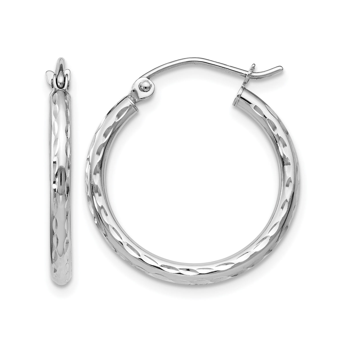 10k White Gold Hoop Earrings, Diamond Cut Texture, Lightweight Polished Finish
