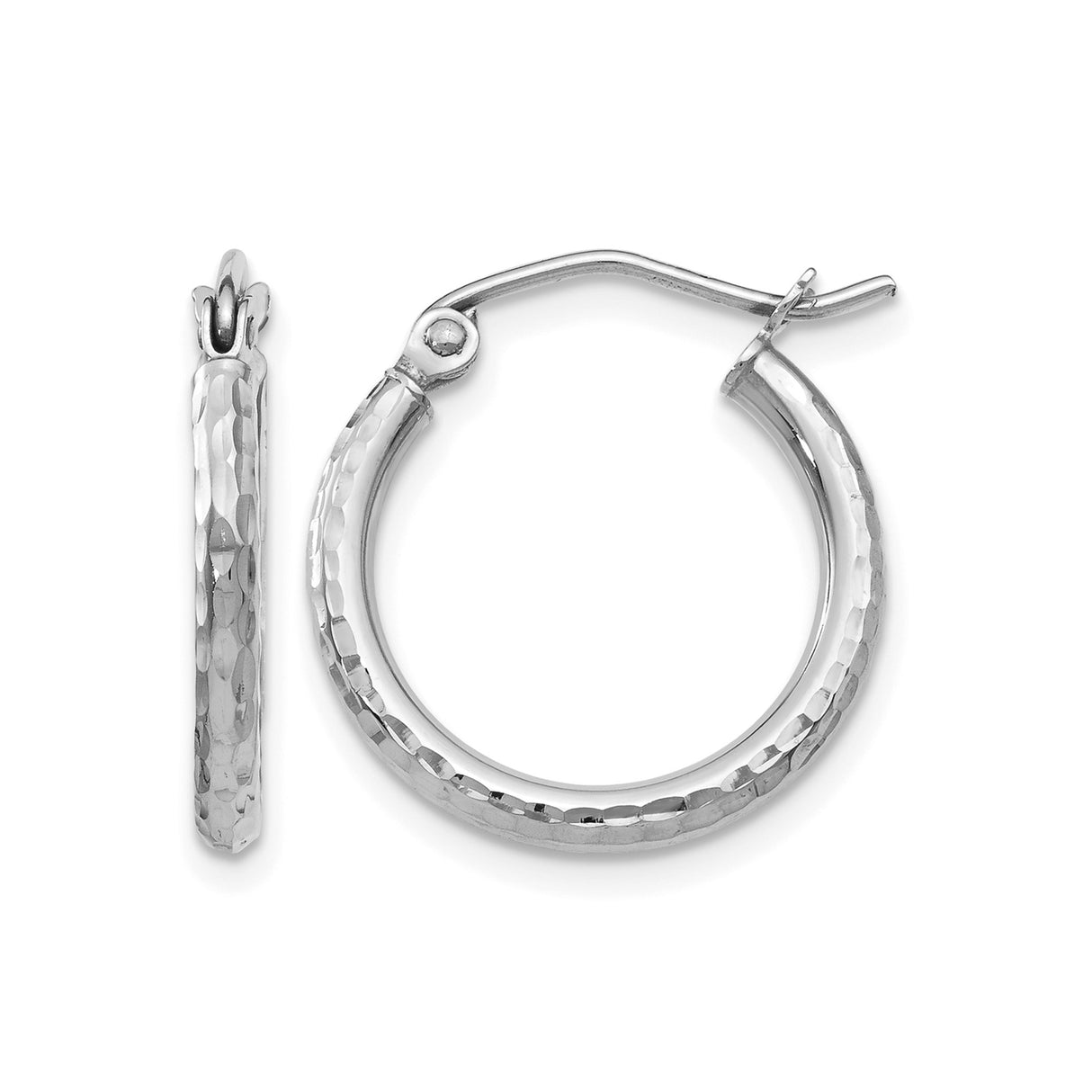 10k White Gold Hoop Earrings with Hammered Texture, Lightweight Minimalist Design