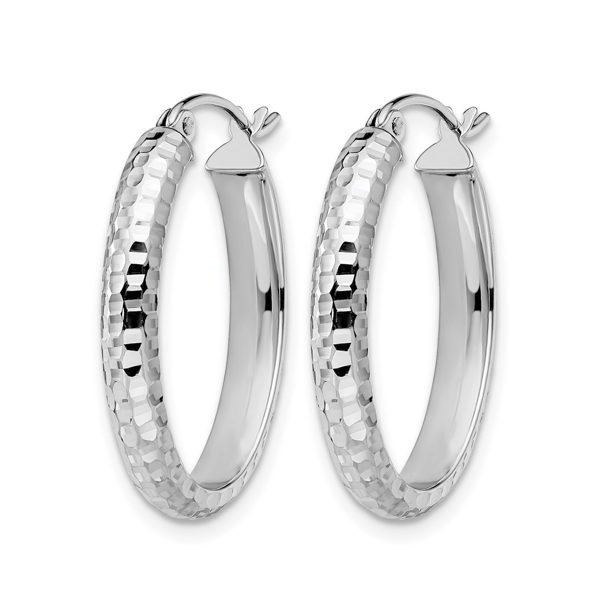 10k White Gold Oval Hoop Earrings with Textured Diamond Cut Finish for Women