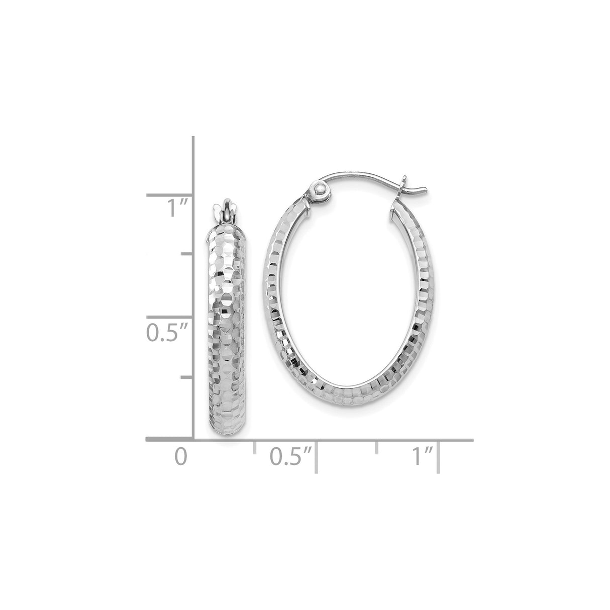 10k White Gold Oval Hoop Earrings with Textured Diamond Cut Finish for Women