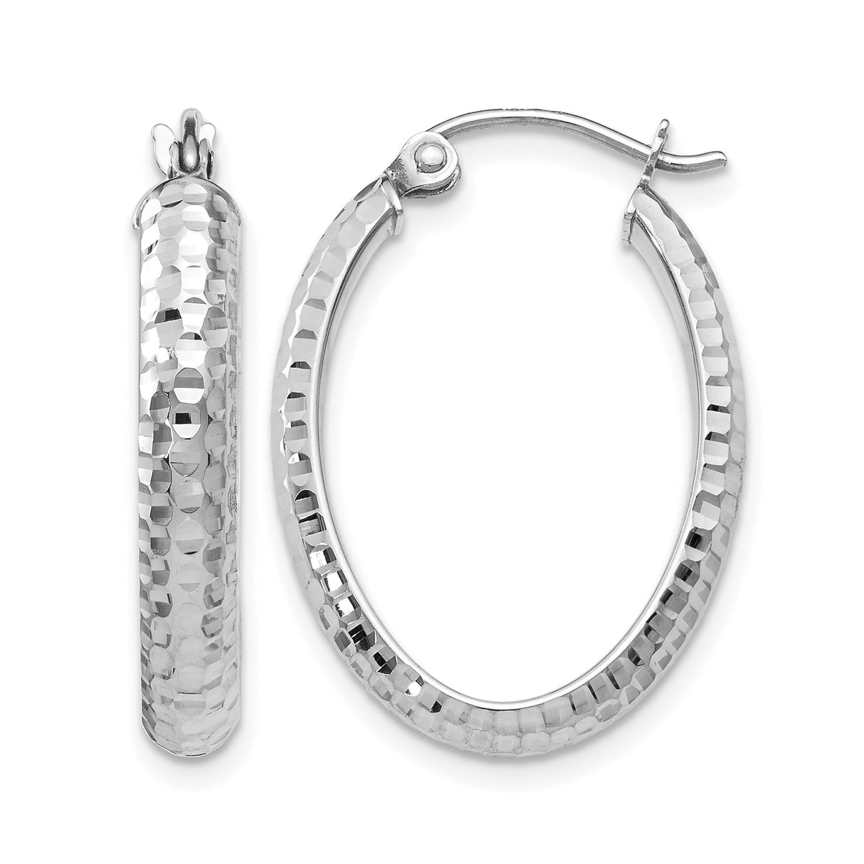 10k White Gold Oval Hoop Earrings with Textured Diamond Cut Finish for Women