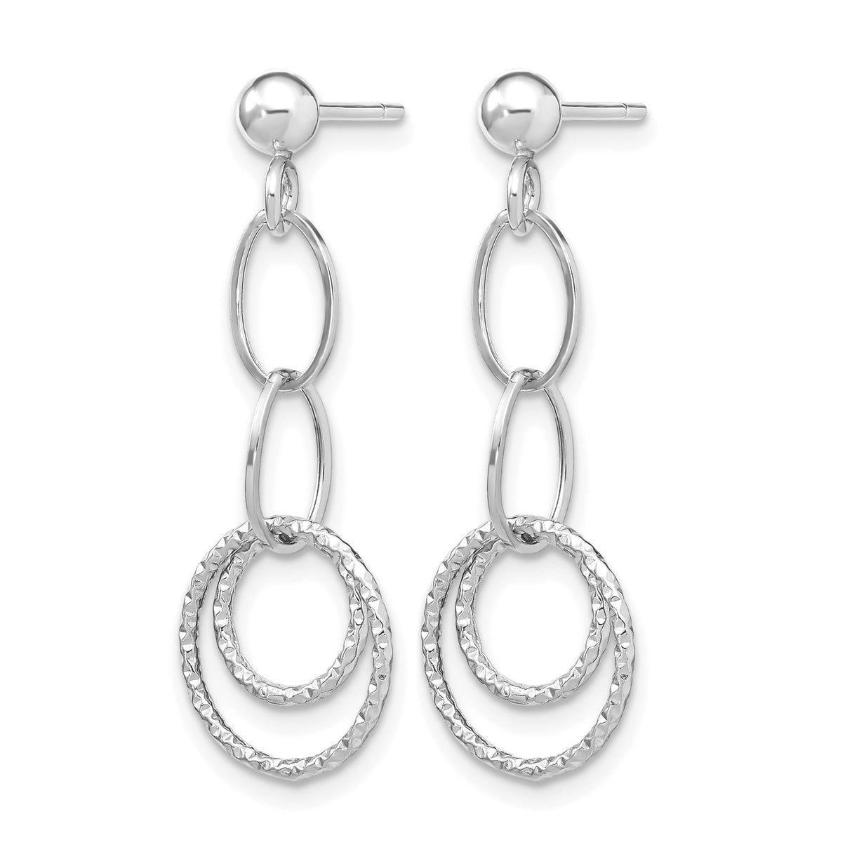 10k White Gold Dangle Earrings with Interlocking Oval and Circle Links, Geometric Drop Design