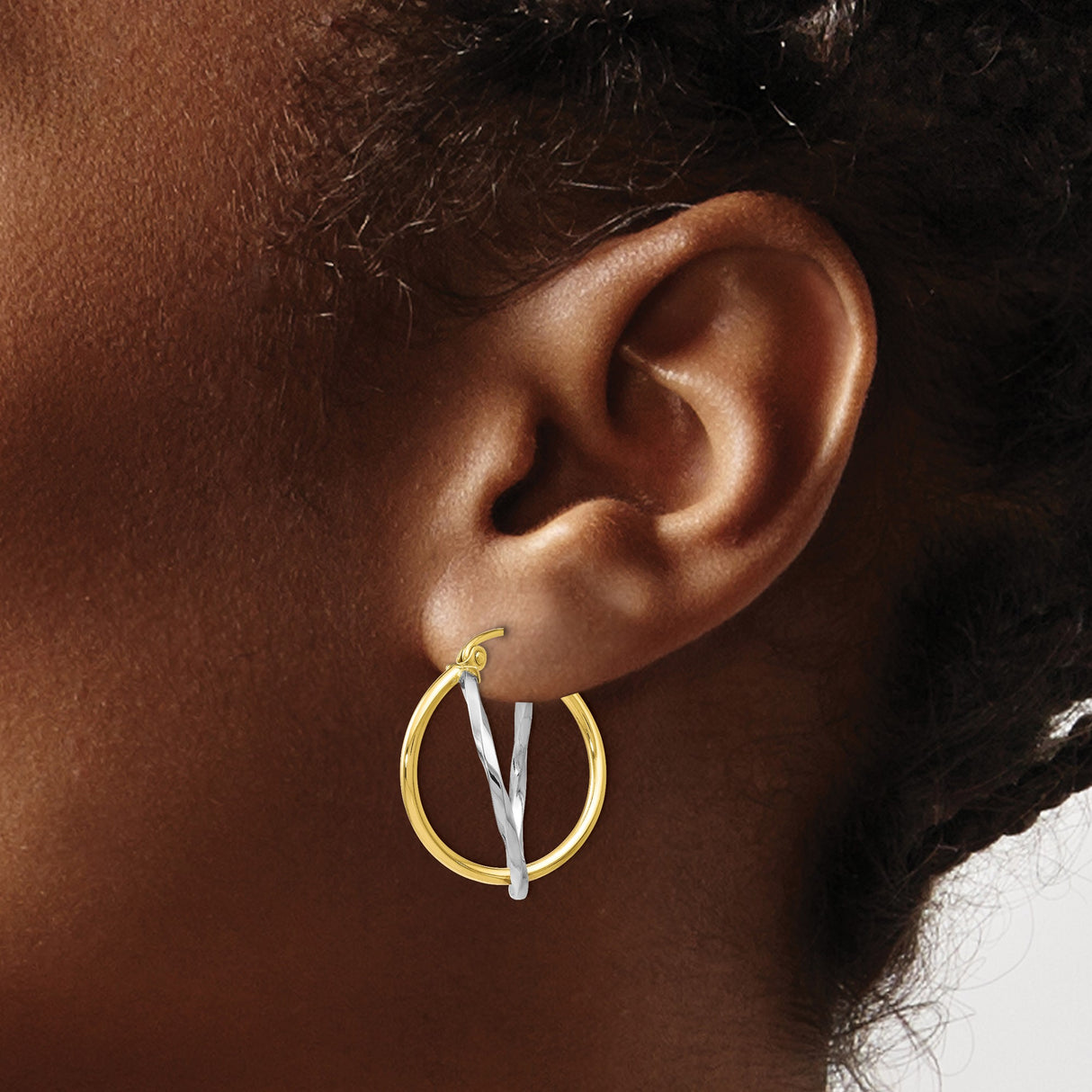 10k Two-Tone Yellow Gold Twisted Teardrop Hoop Earrings, Intertwined Design for Women