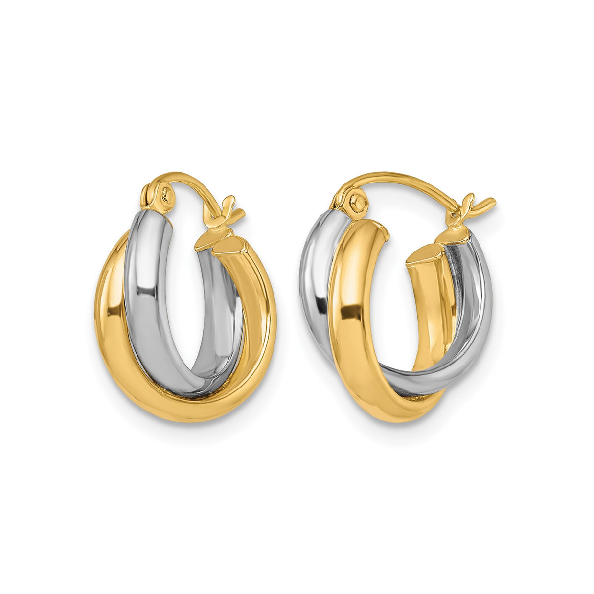 10k Two-Tone Gold Hoop Earrings with Polished Yellow and White Gold Crossover Design