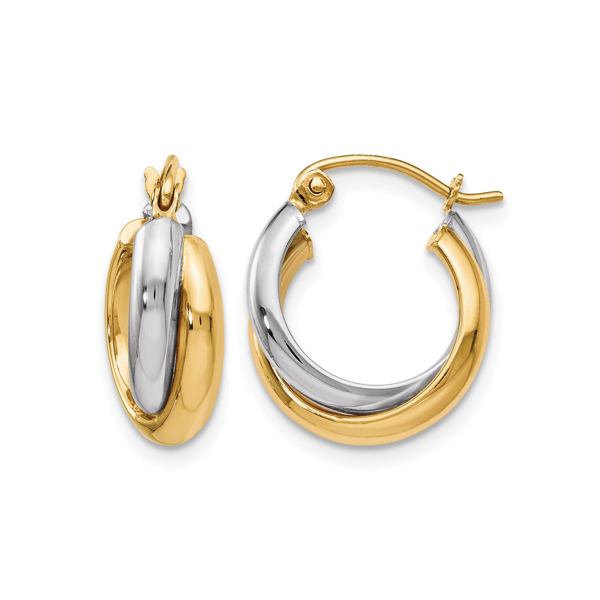 10k Two-Tone Gold Hoop Earrings with Polished Yellow and White Gold Crossover Design