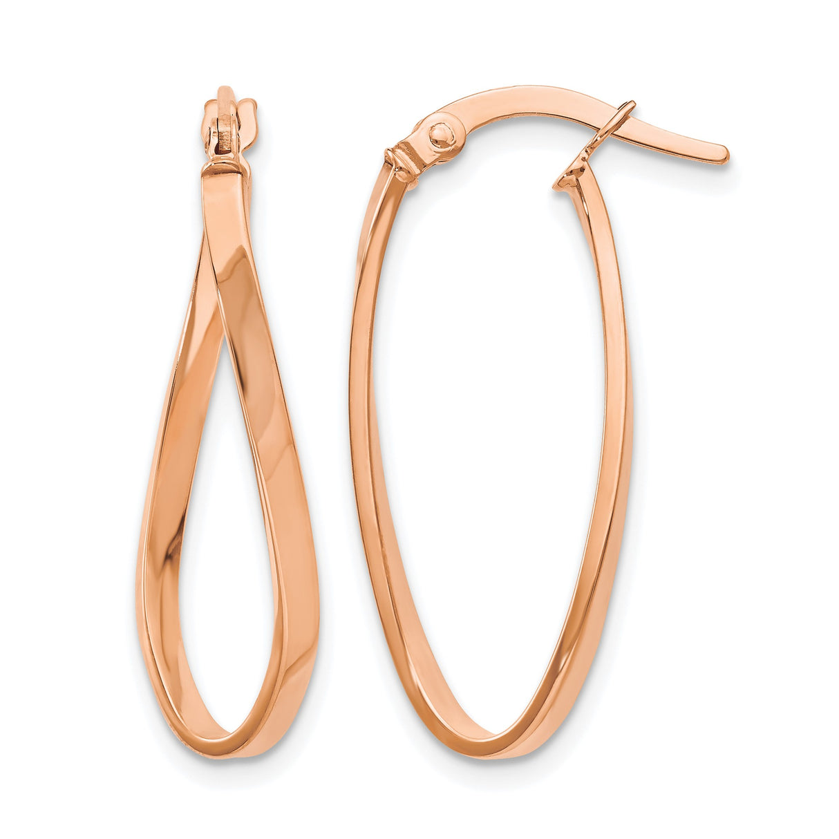 10k Rose Gold Twisted Oval Hoop Earrings, Lightweight Minimalist Design for Women