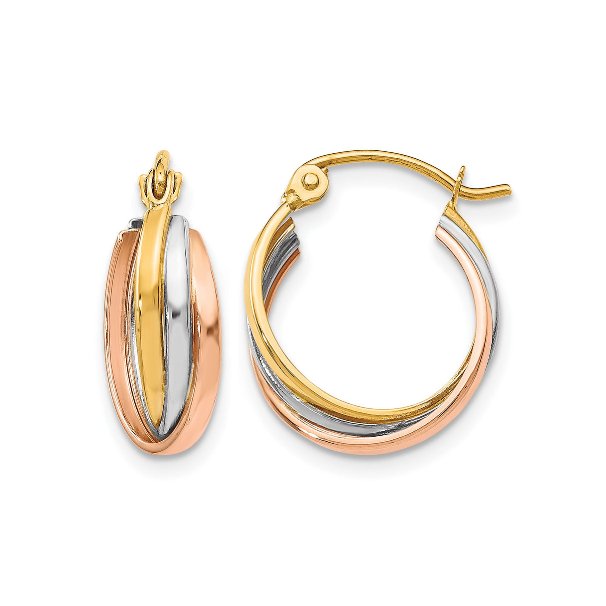 10k Tri-Color Gold Hoop Earrings with Intertwined Yellow, White, and Rose Bands