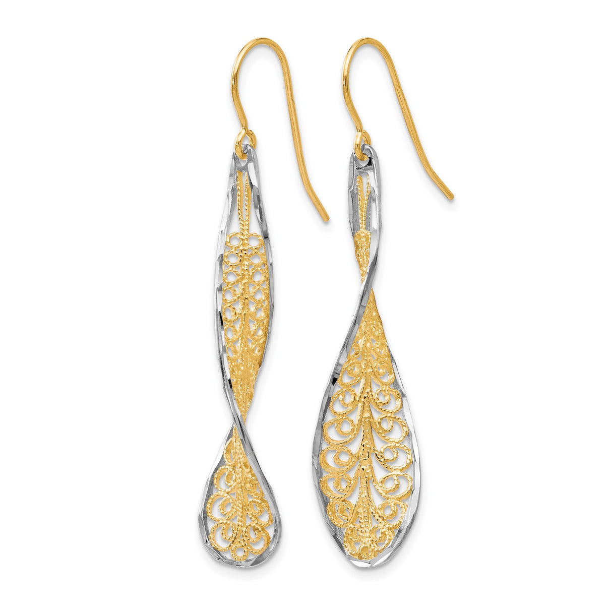 10k Two Tone Gold Dangle Earrings with Twisted Teardrop and Filigree Design