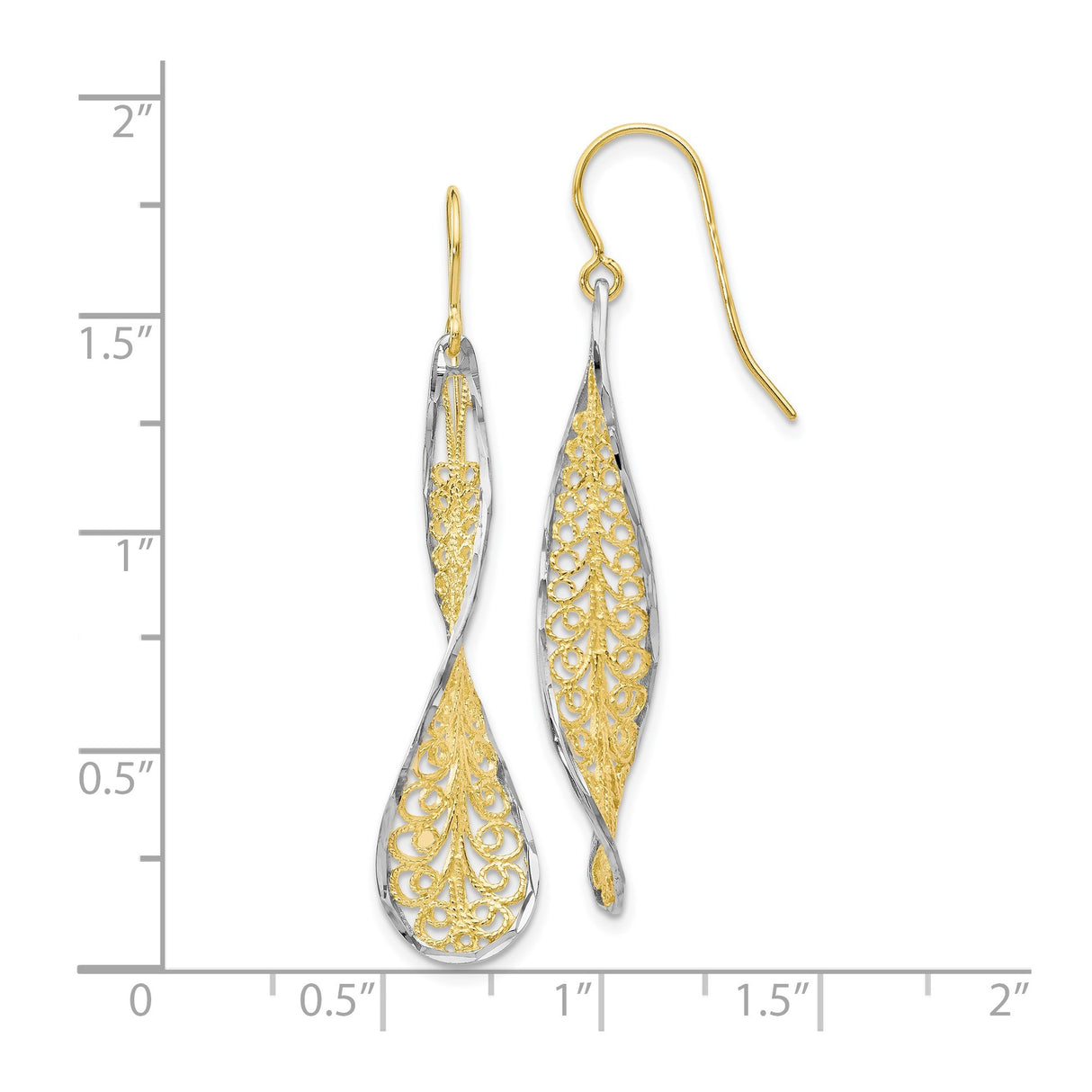 10k Two Tone Gold Dangle Earrings with Twisted Teardrop and Filigree Design