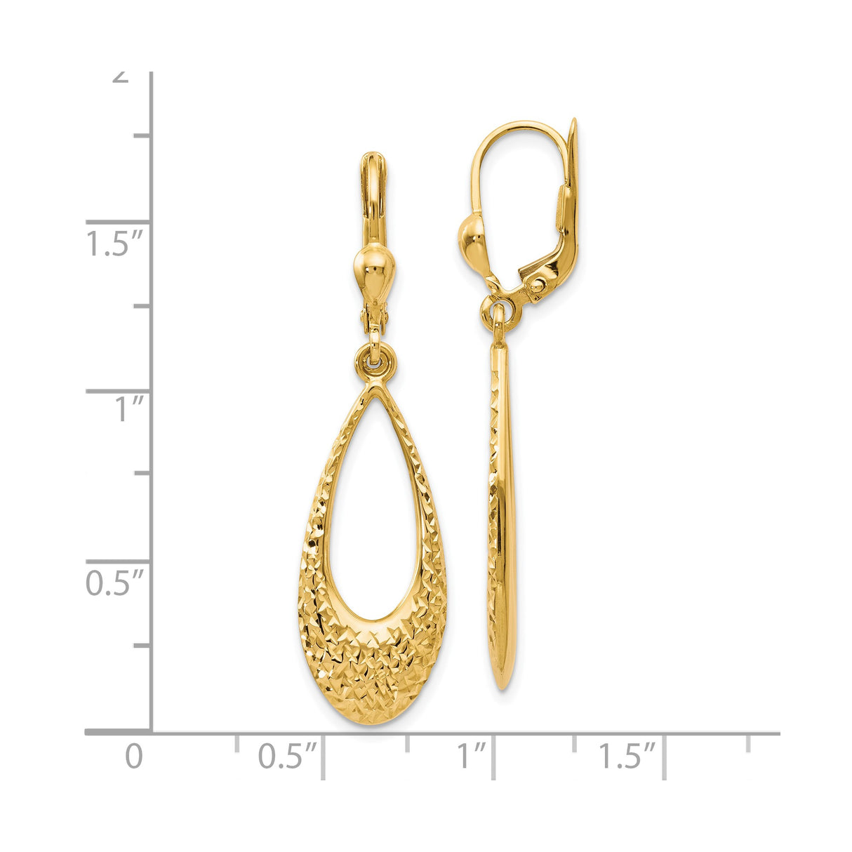 10k Yellow Gold Dangle Earrings, Elongated Teardrop with Diamond Cut Textured Design, Leverback Style