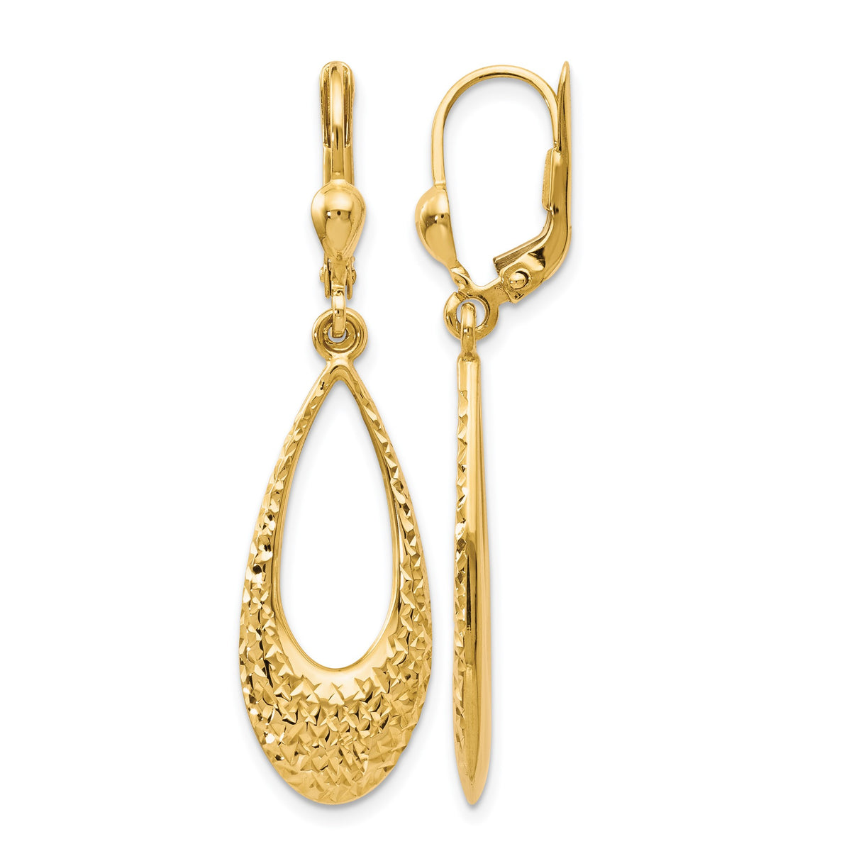 10k Yellow Gold Dangle Earrings, Elongated Teardrop with Diamond Cut Textured Design, Leverback Style